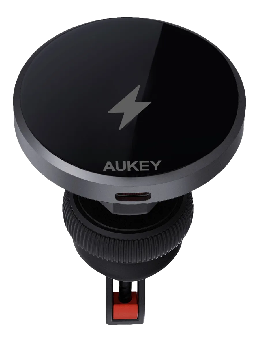 Support de téléphone de voiture AUKEY noir et argent avec un symbole d'éclair sur un disque noir.