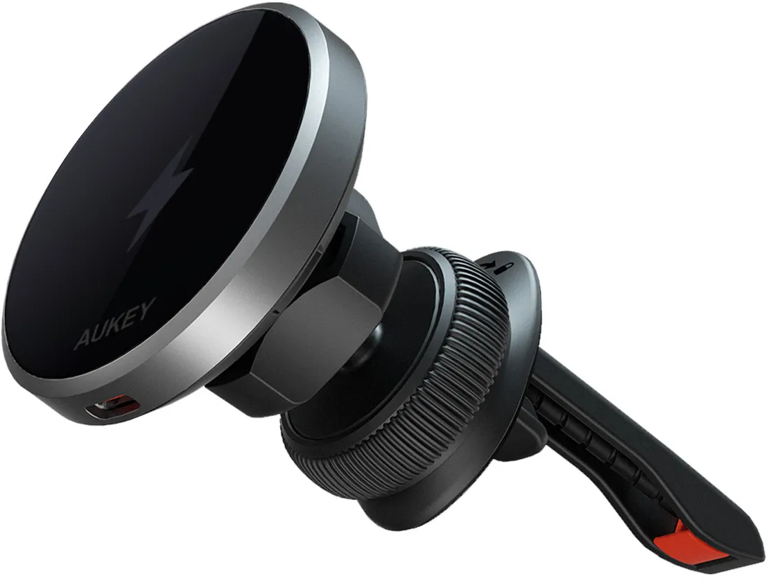Support de téléphone de voiture noir et argenté avec surface magnétique.