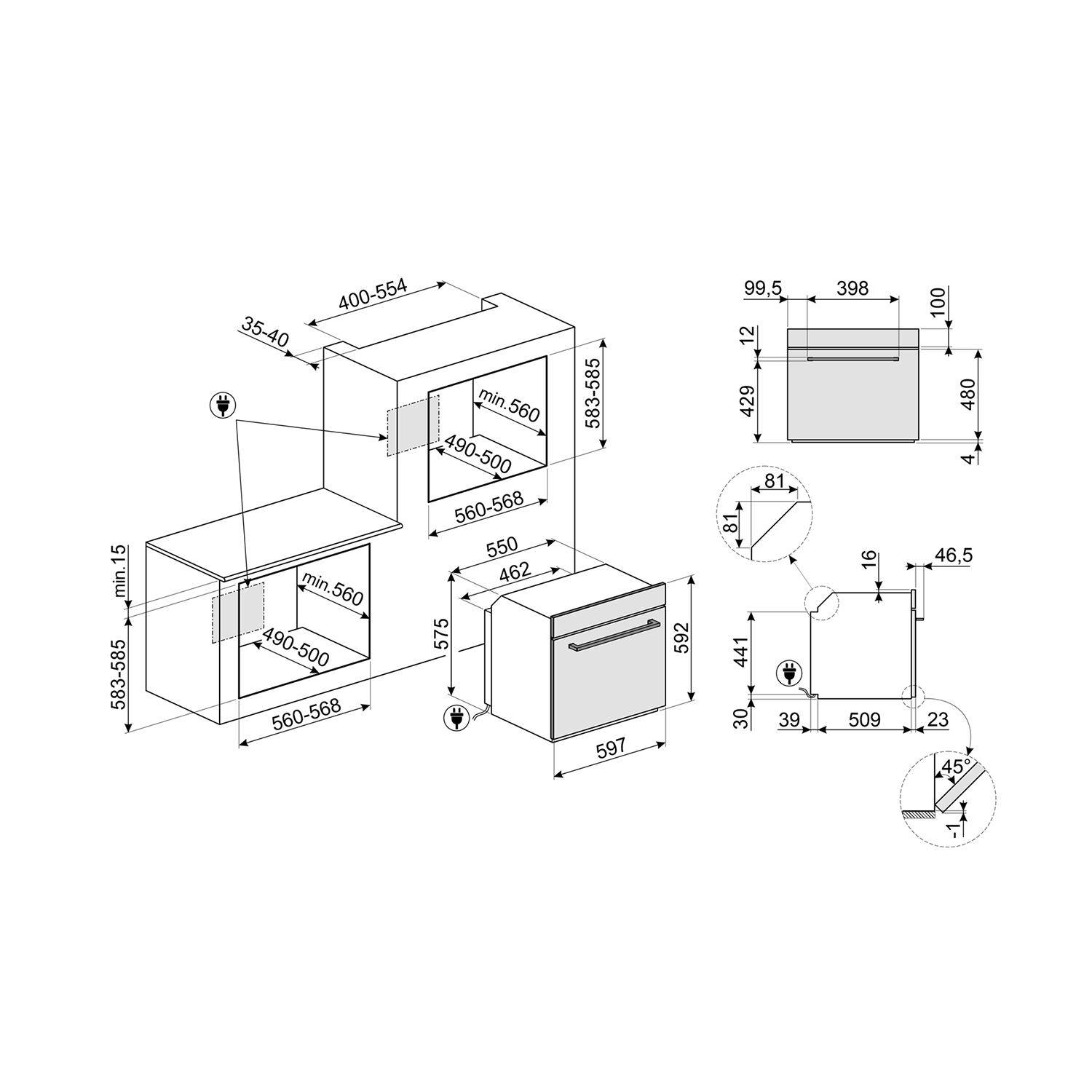 Disegno tecnico di un forno e un microonde ad incasso con dimensioni e misure.