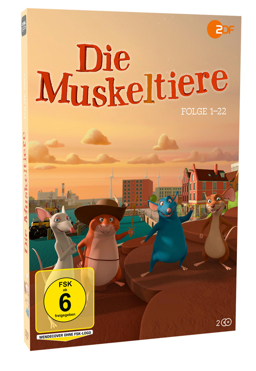 DVD-Hülle für Die Muskeltiere, mit animierten Mäuse-Charakteren und einer Sonnenuntergangsszene.