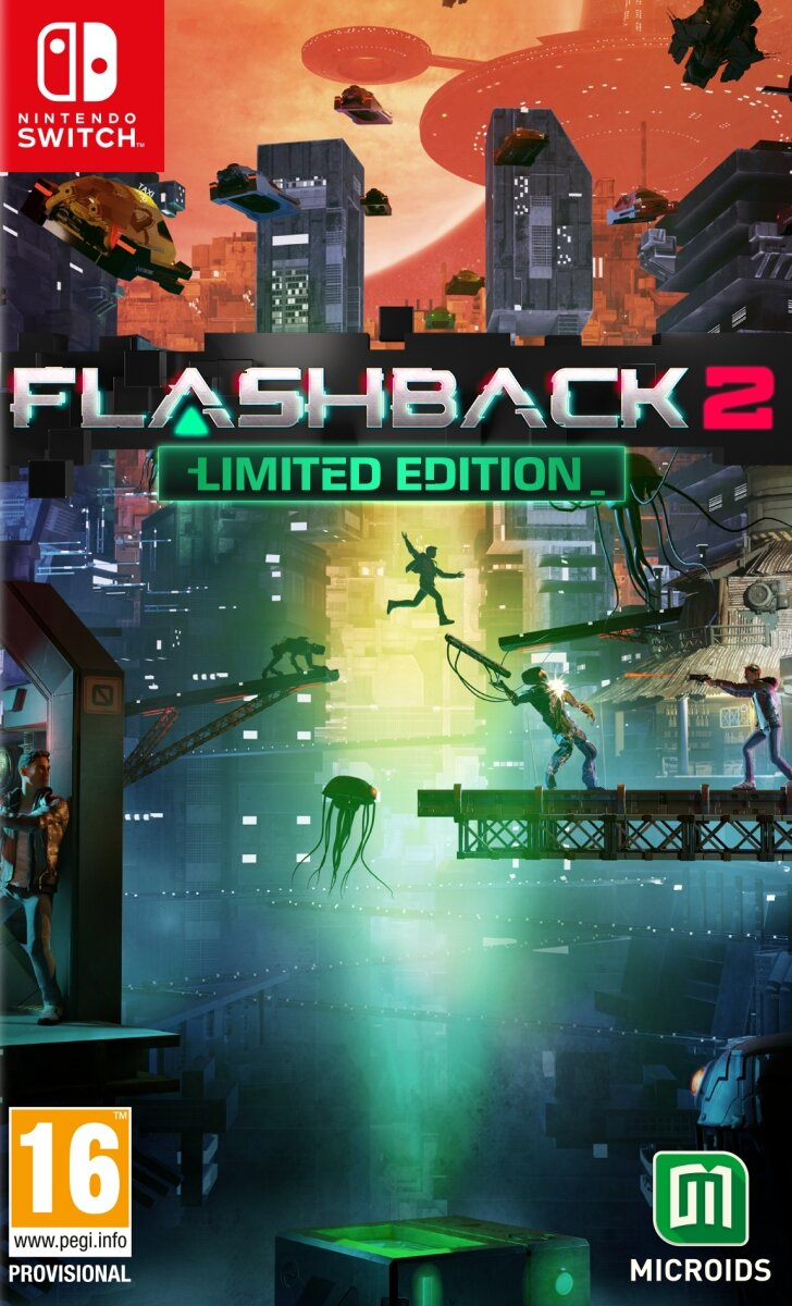 Okładka gry Flashback 2. Miasto science-fiction, postacie na platformach, logo Switch.