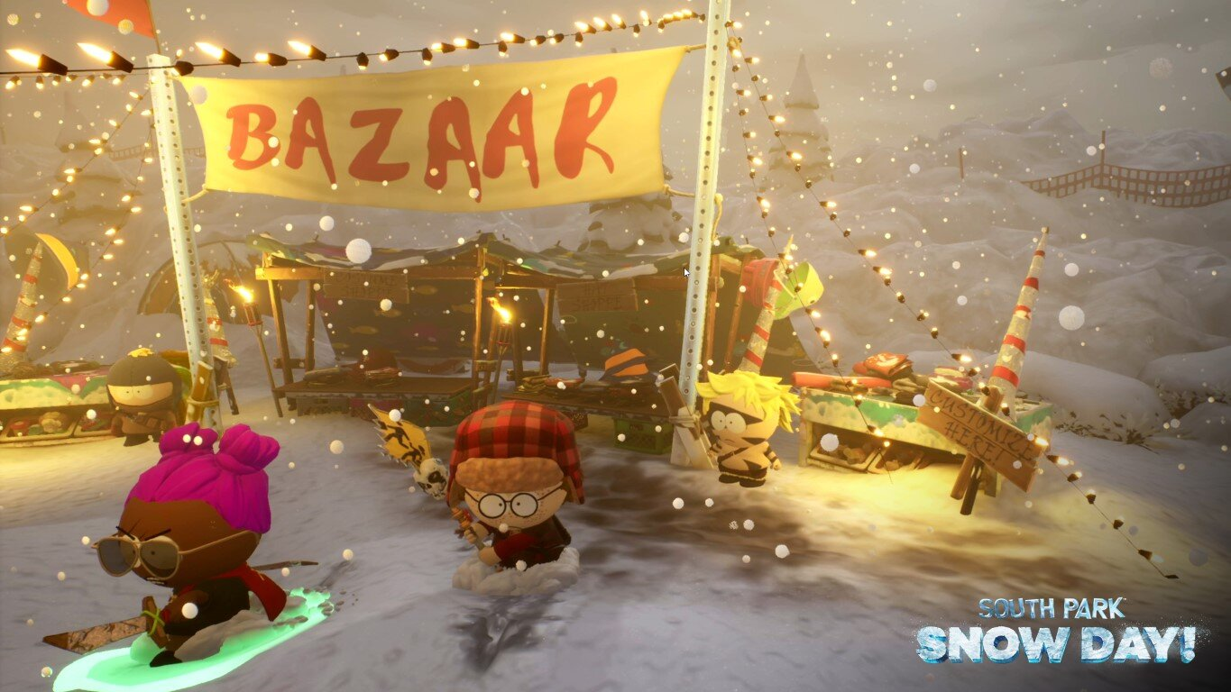 Zaśnieżona scena z South Park: Snow Day! postaciami. Widoczny jest znak Bazar.