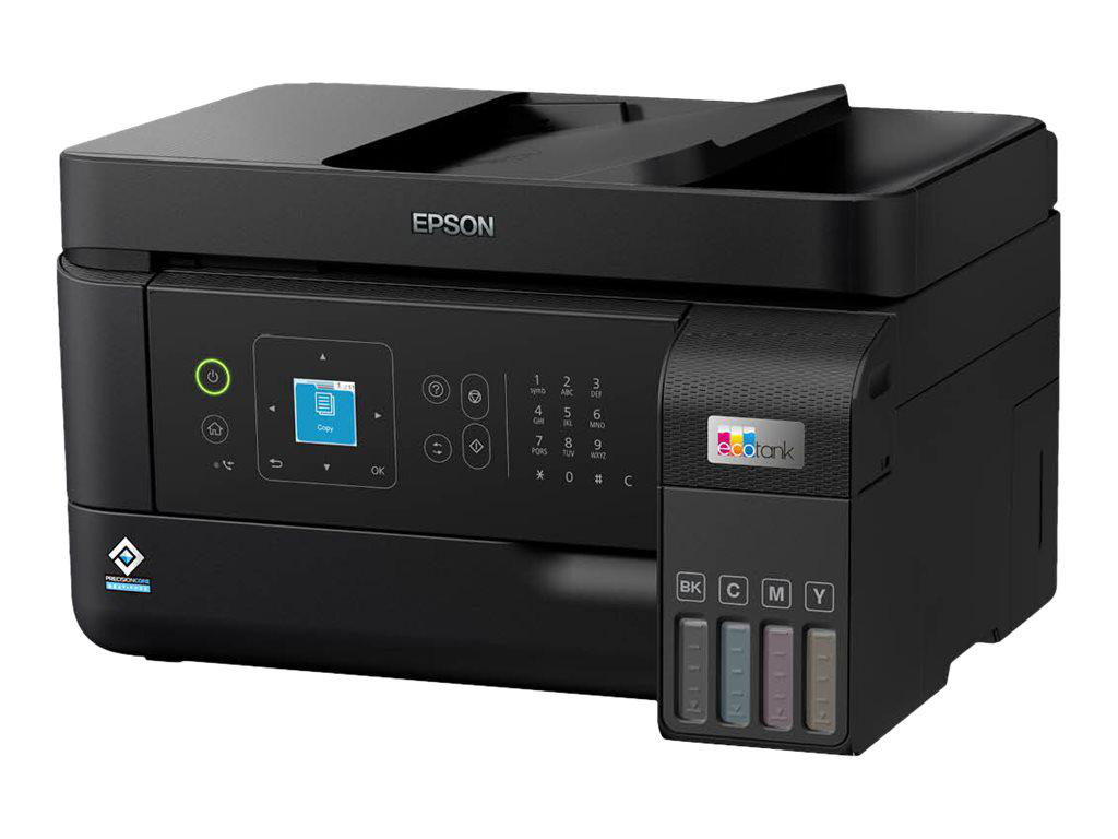 Epson EcoTank-Drucker, schwarz, mit sichtbaren Tintenbehältern und Touchscreen.