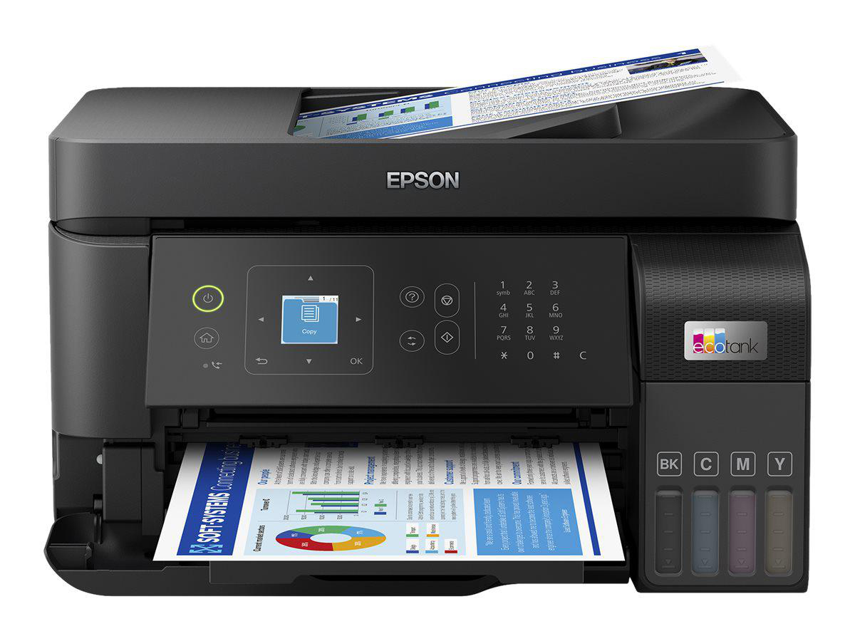 Schwarzer Epson-Drucker mit offenem Papierfach, zeigt gedruckte Dokumente und Bedienfeld.