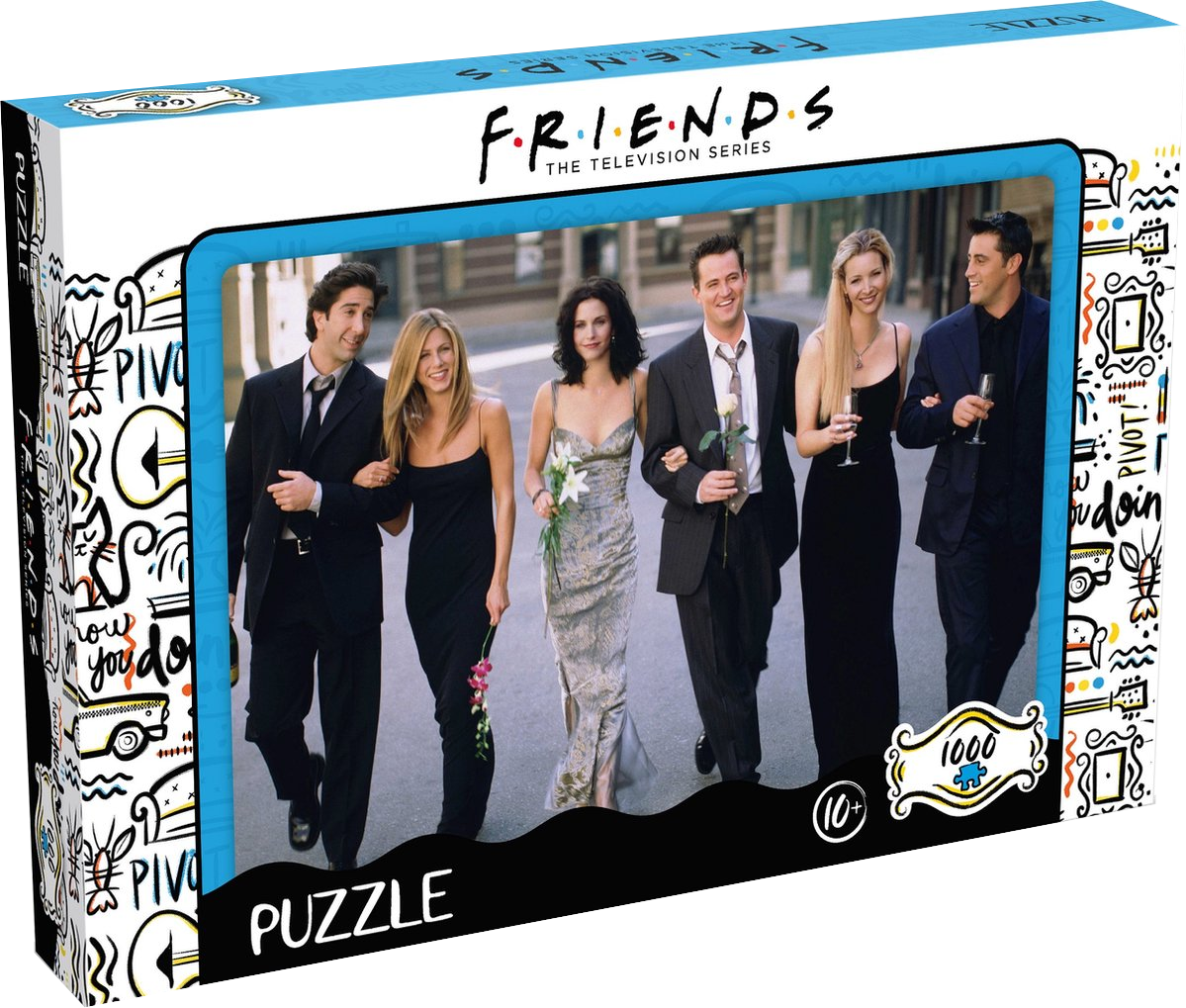 Boîte de puzzle avec le casting de Friends. Ils marchent dans la rue. La boîte a le logo Friends.