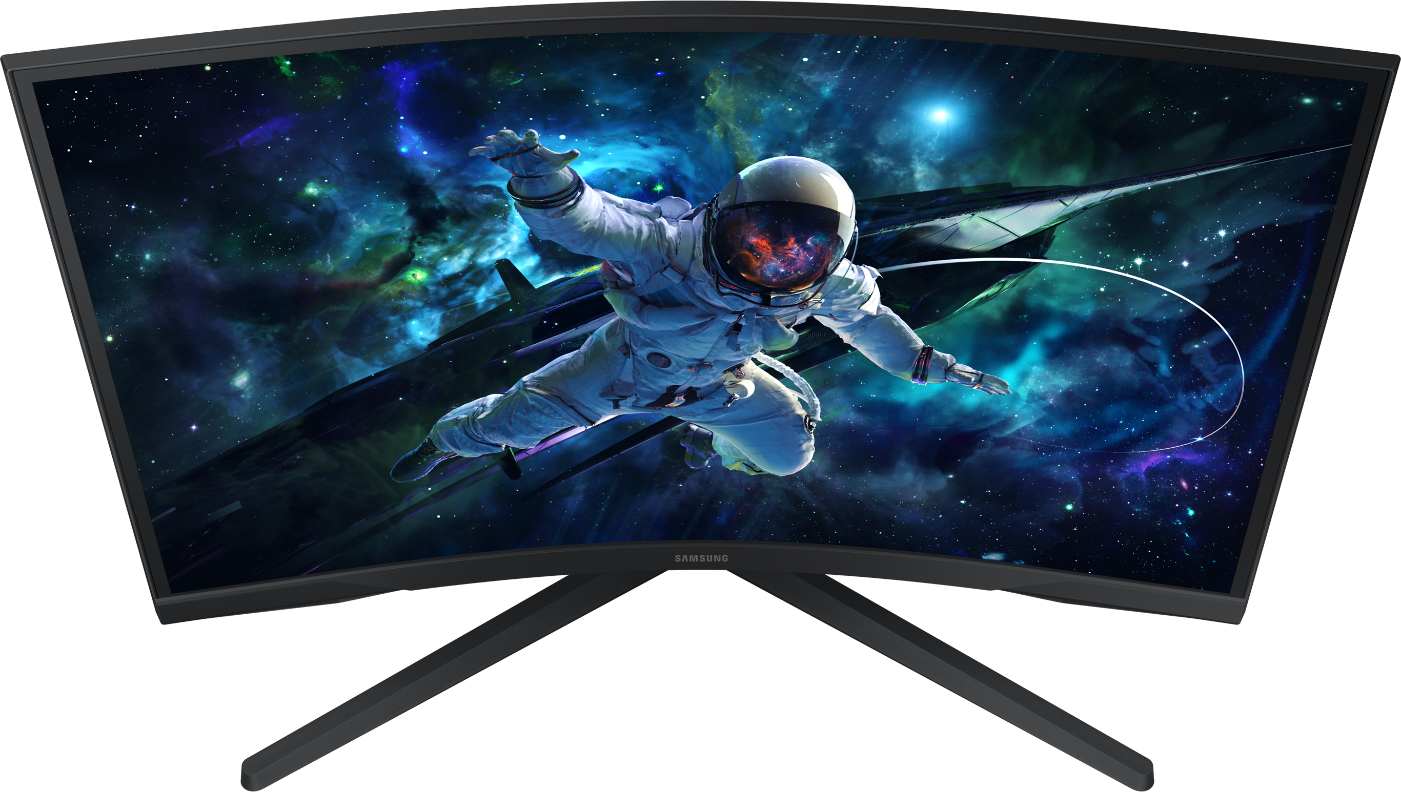 Moniteur Samsung incurvé affichant une scène spatiale avec un astronaute en combinaison blanche.