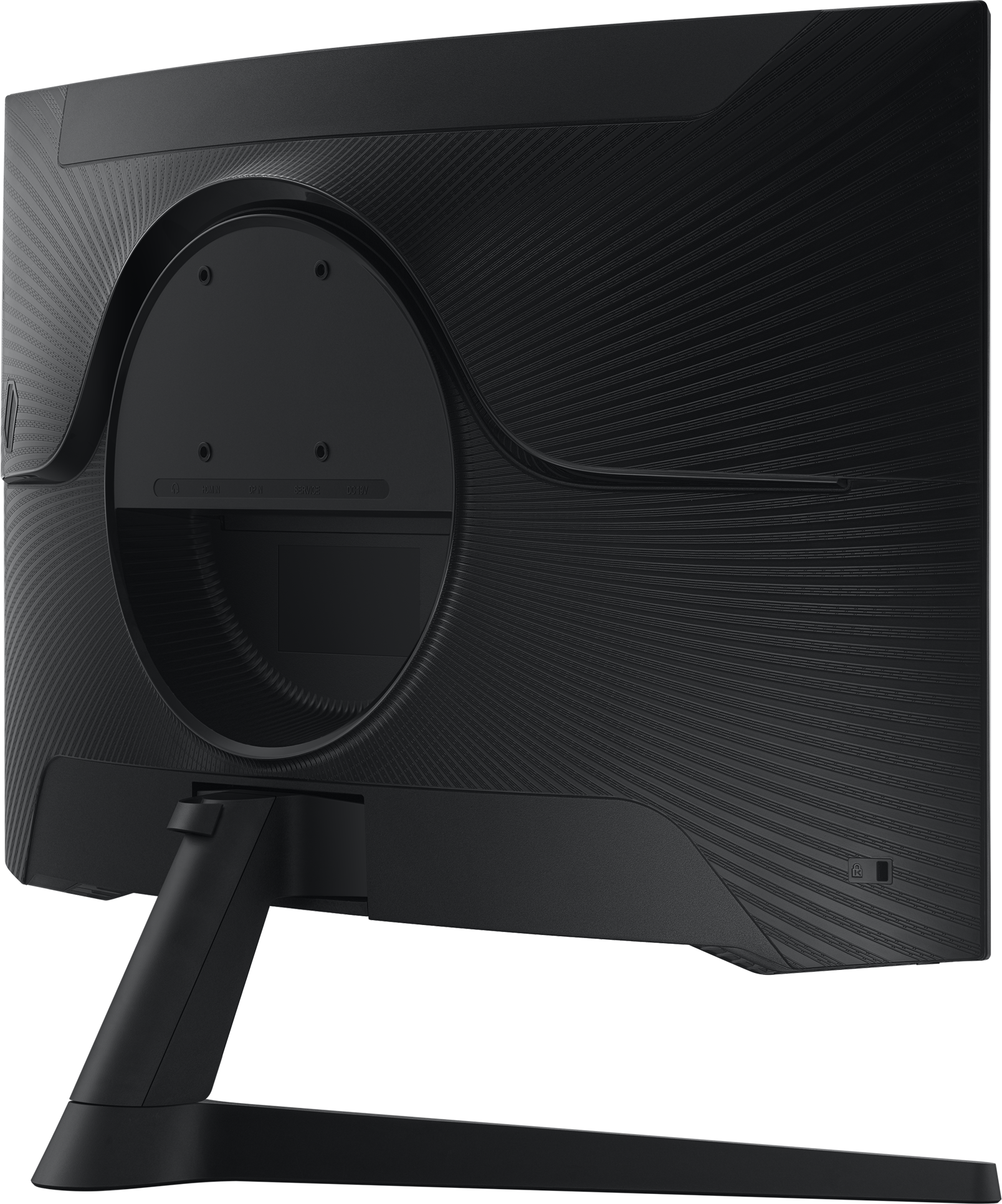 Arrière d'un moniteur noir avec ports et support, sur fond blanc.