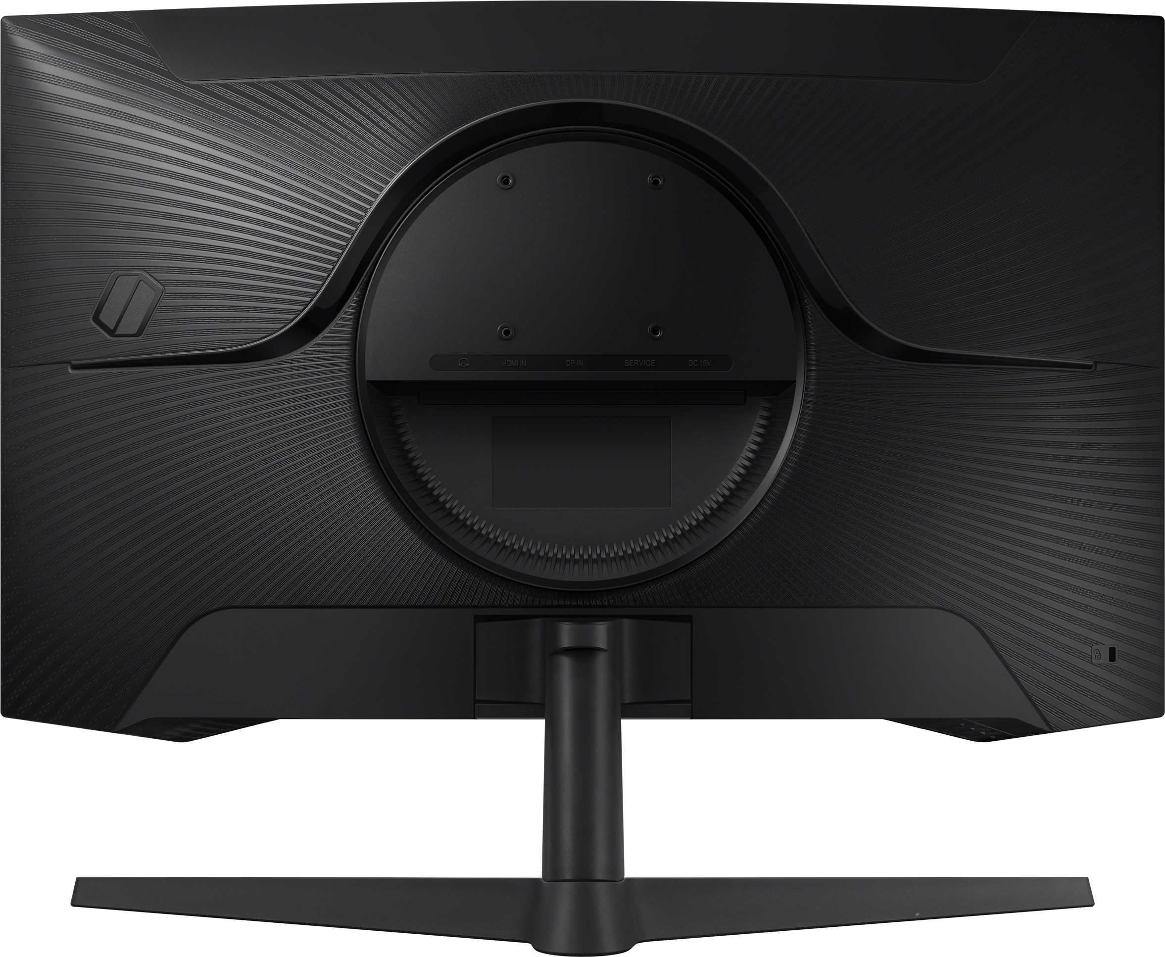 Arrière d'un moniteur d'ordinateur noir. Différents ports sont visibles. Base noire.