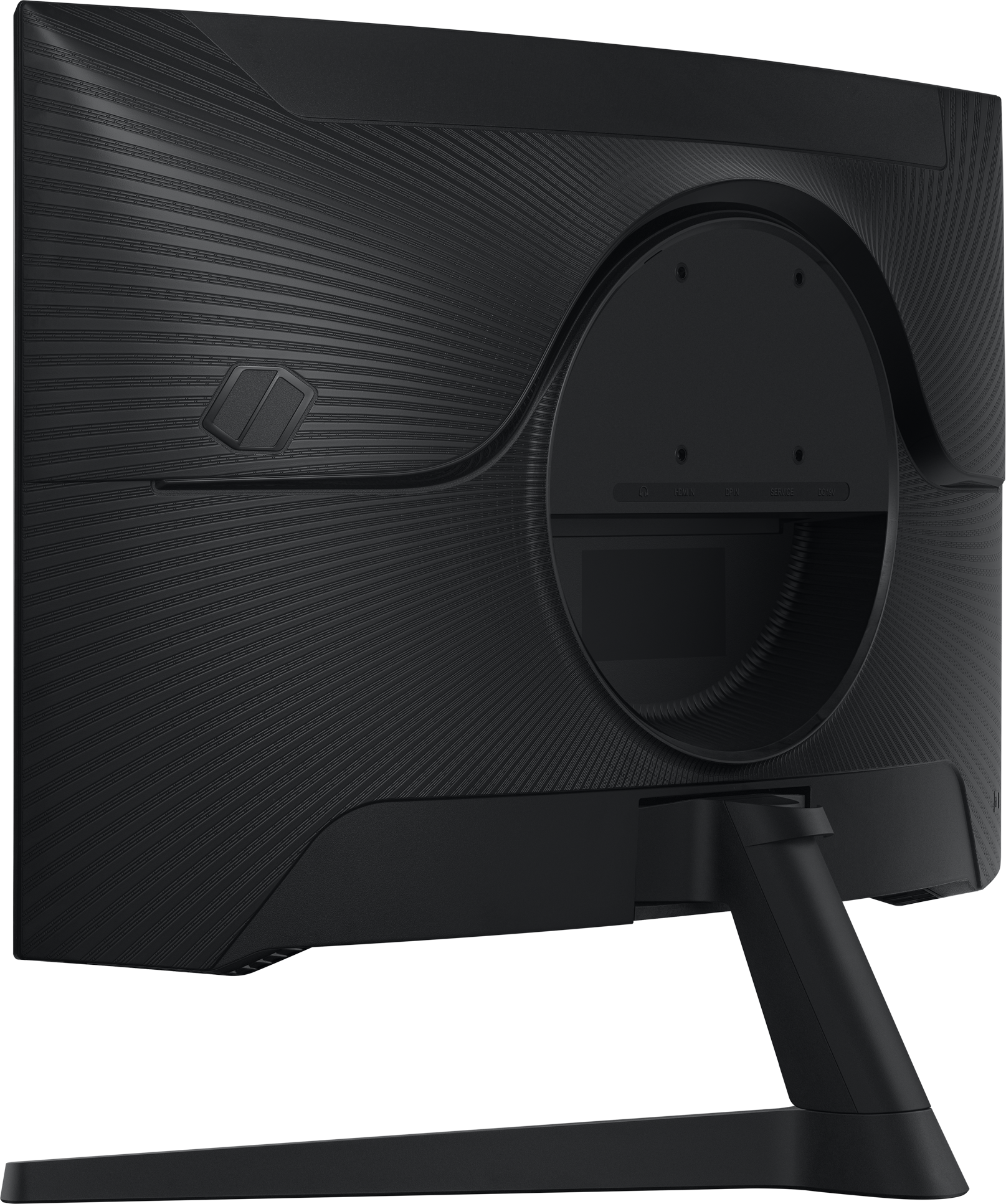 L'arrière d'un moniteur noir avec un support, des ports et un logo. Il a un design texturé.