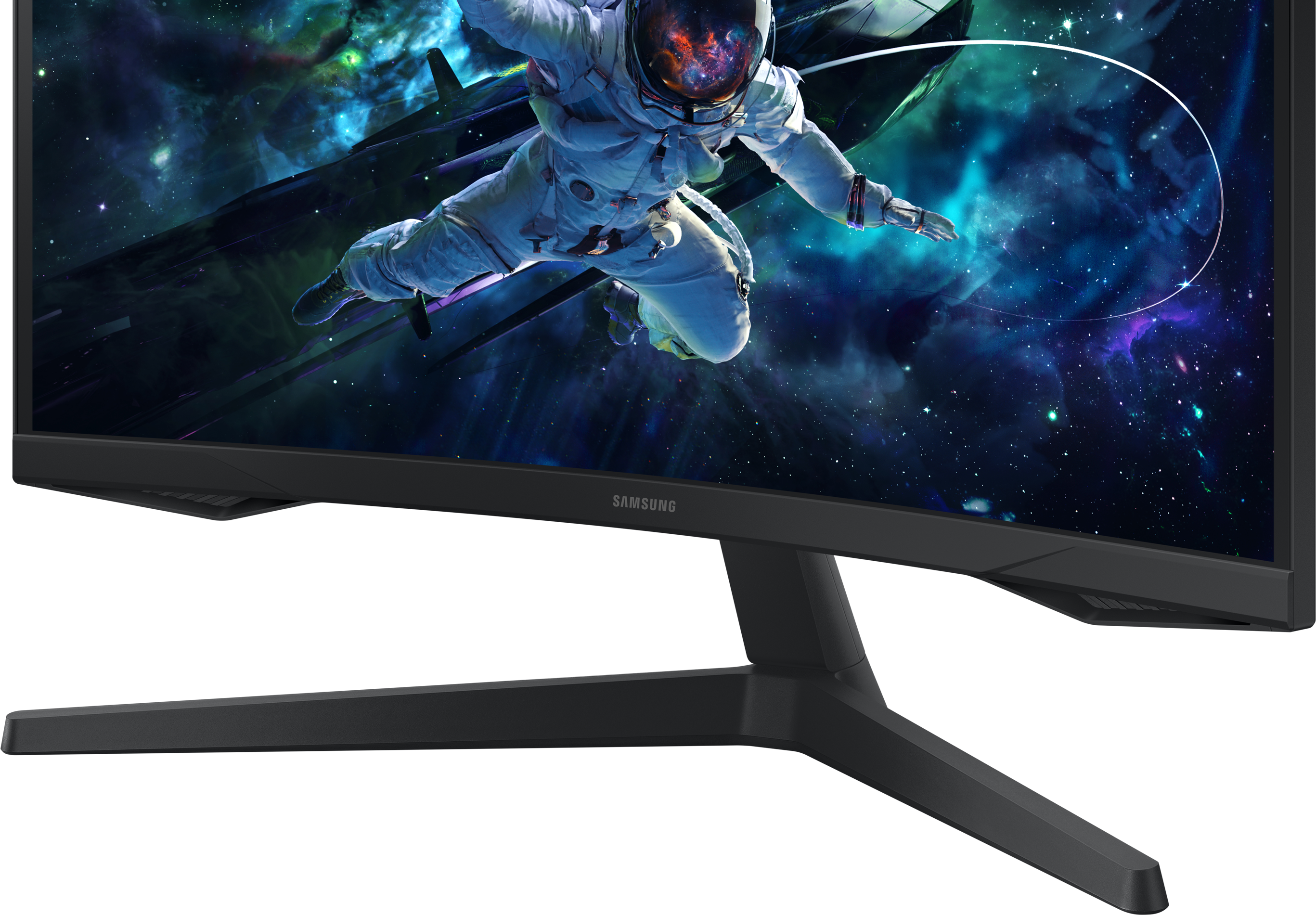 Un moniteur avec une scène spatiale et un support noir.