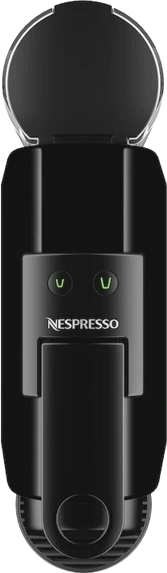 Schwarze Nespresso-Maschine von oben. Zwei grüne Knöpfe und das Markenlogo.