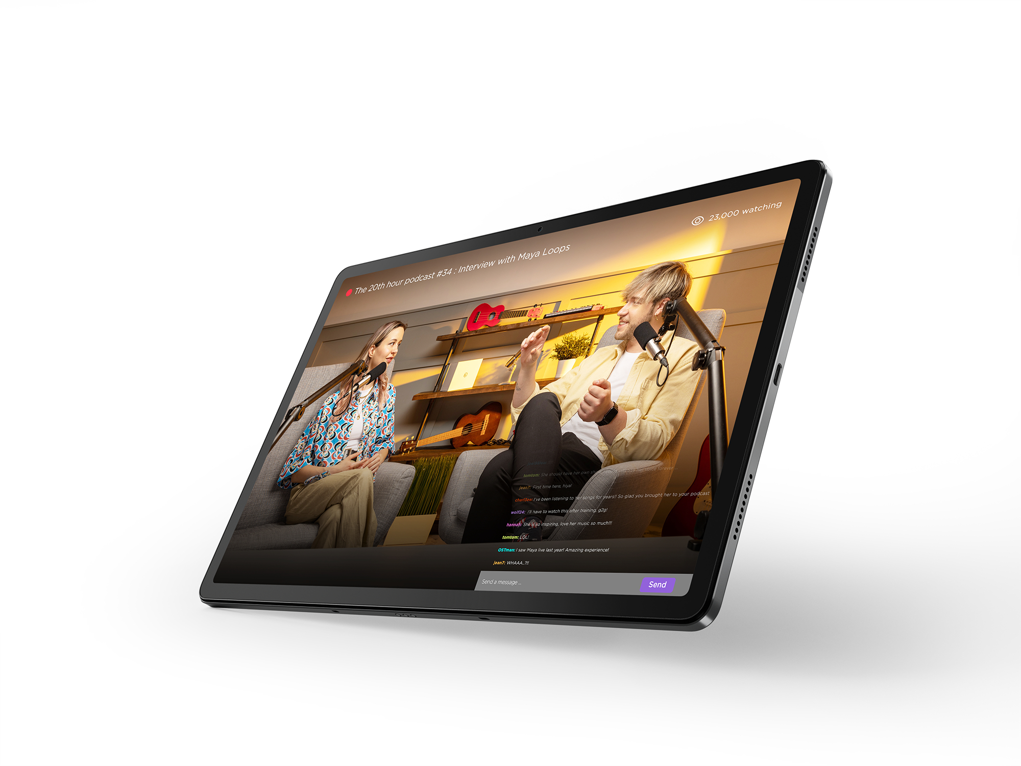 Tablet zeigt ein Live-Interview. Zwei Personen sprechen, mit anderen Zuschauern.