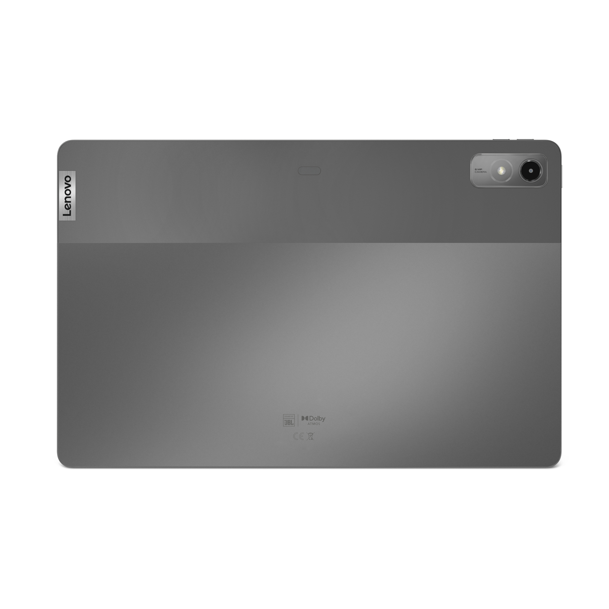 Lenovo-Tablet, dunkelgraue Rückseite, mit Kamera und Logo.