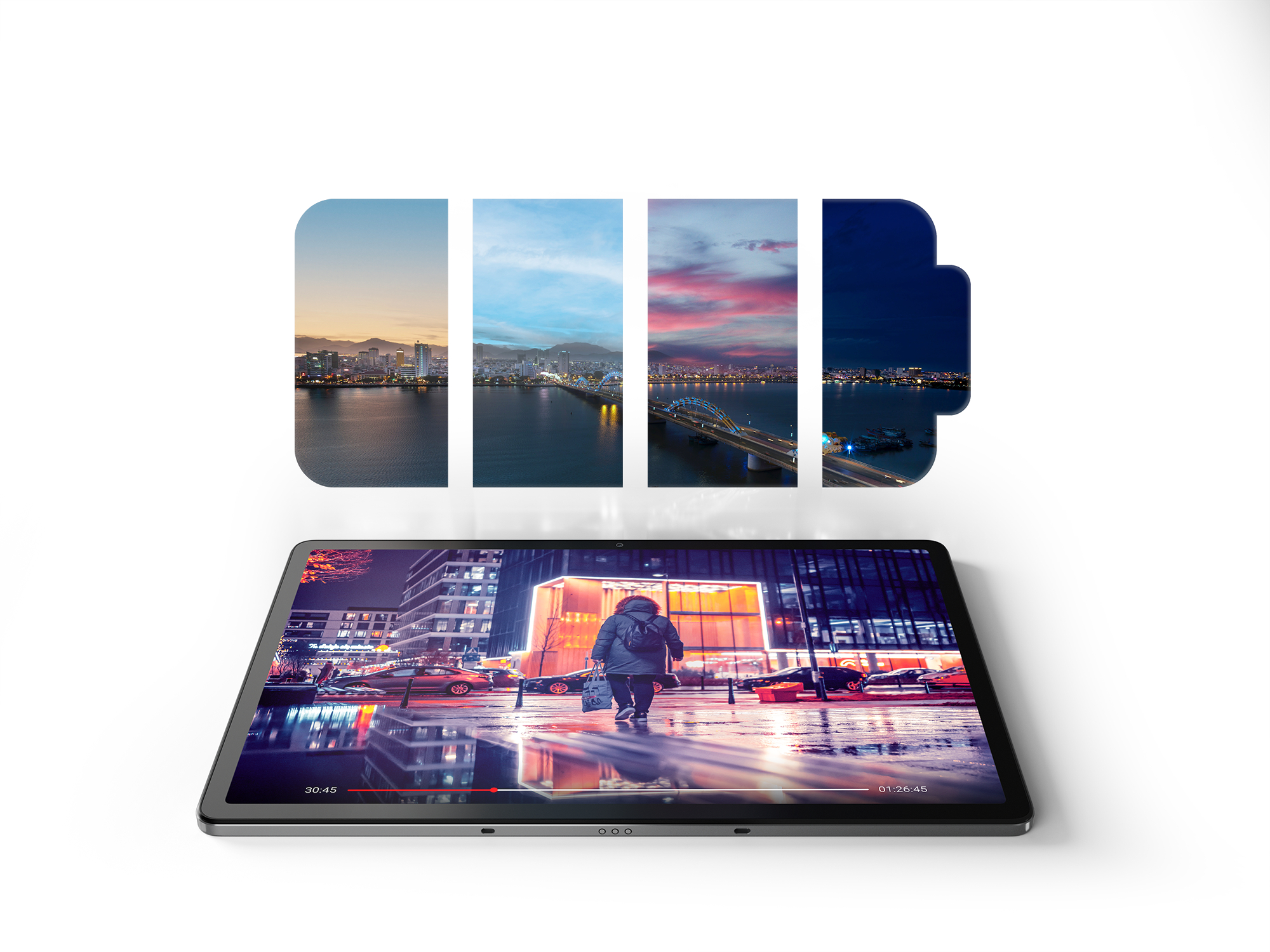 Ein Tablet, das eine Stadtszene zeigt, mit einem Akkusymbol, das verschiedene Tagesphasen anzeigt.