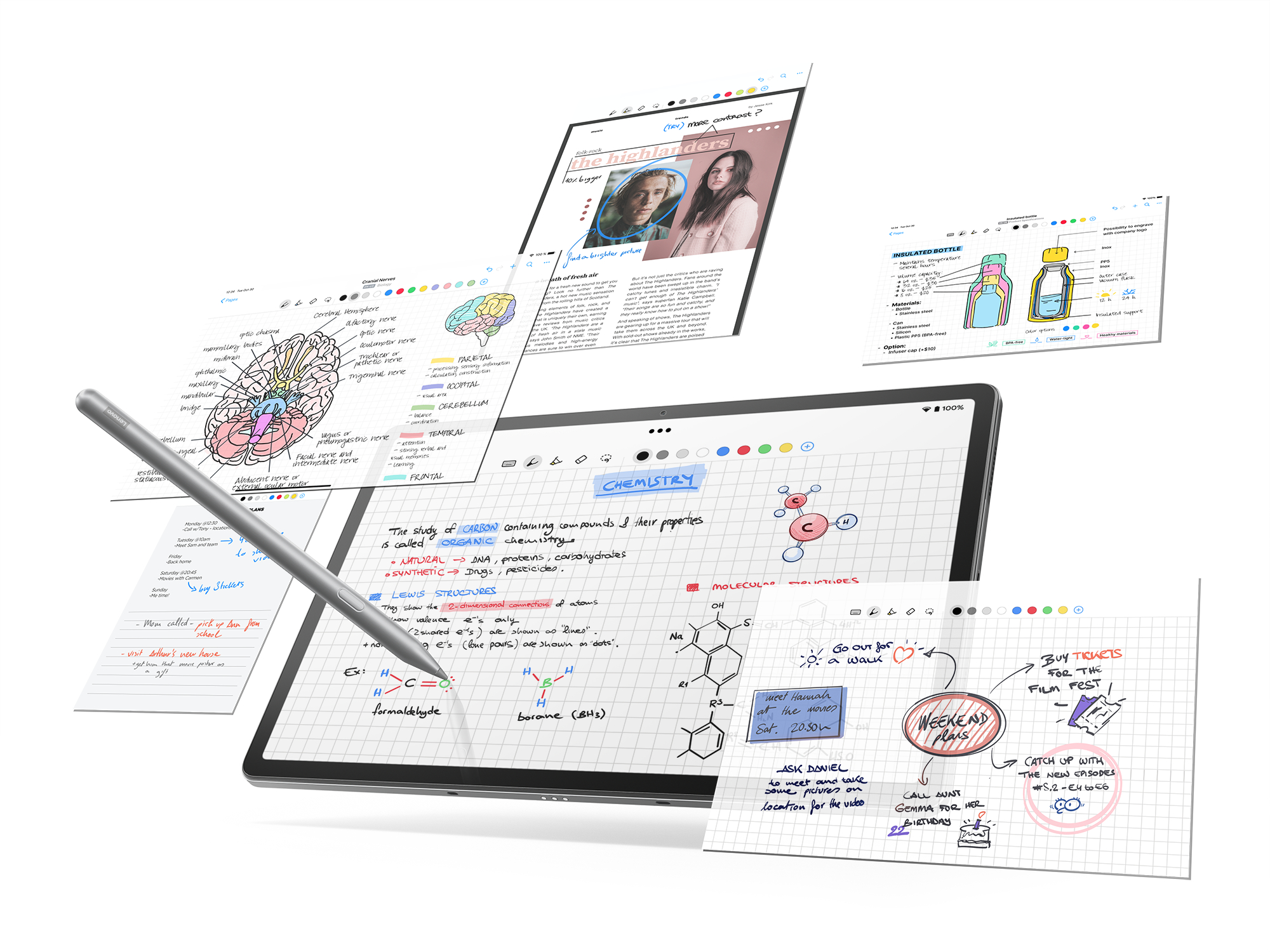 Tablet mit Stift und mehreren digitalen Notizen und Diagrammen auf dem Bildschirm.