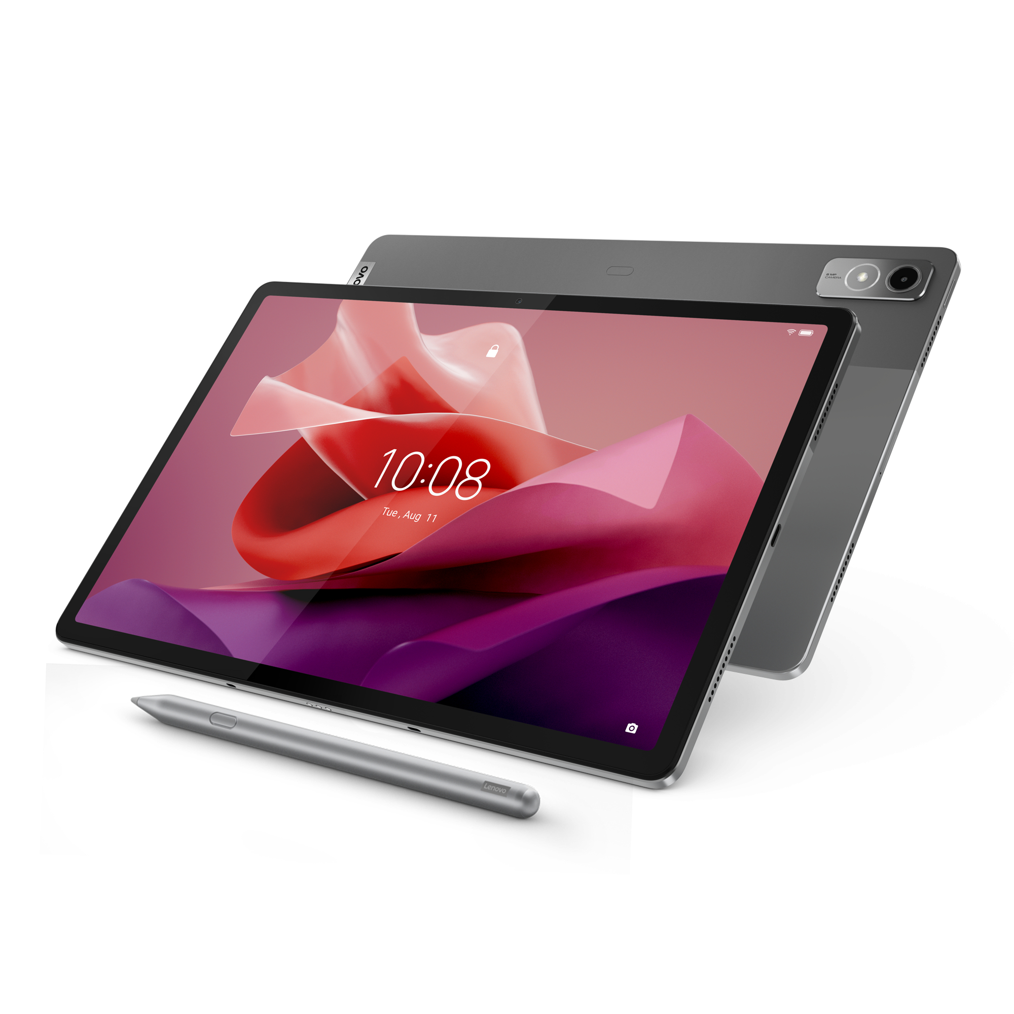 Ein silbernes Tablet mit Stift, das einen Bildschirm zeigt. Es ist auf weißem Hintergrund.