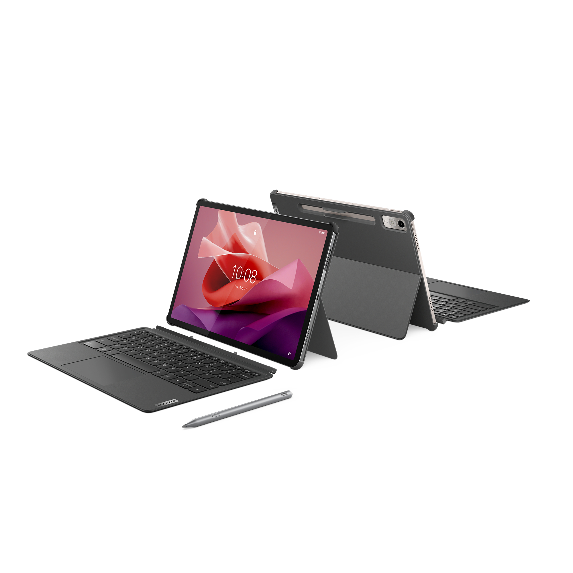 Zwei graue Tablets mit Tastaturen und ein Stift auf weißem Untergrund.