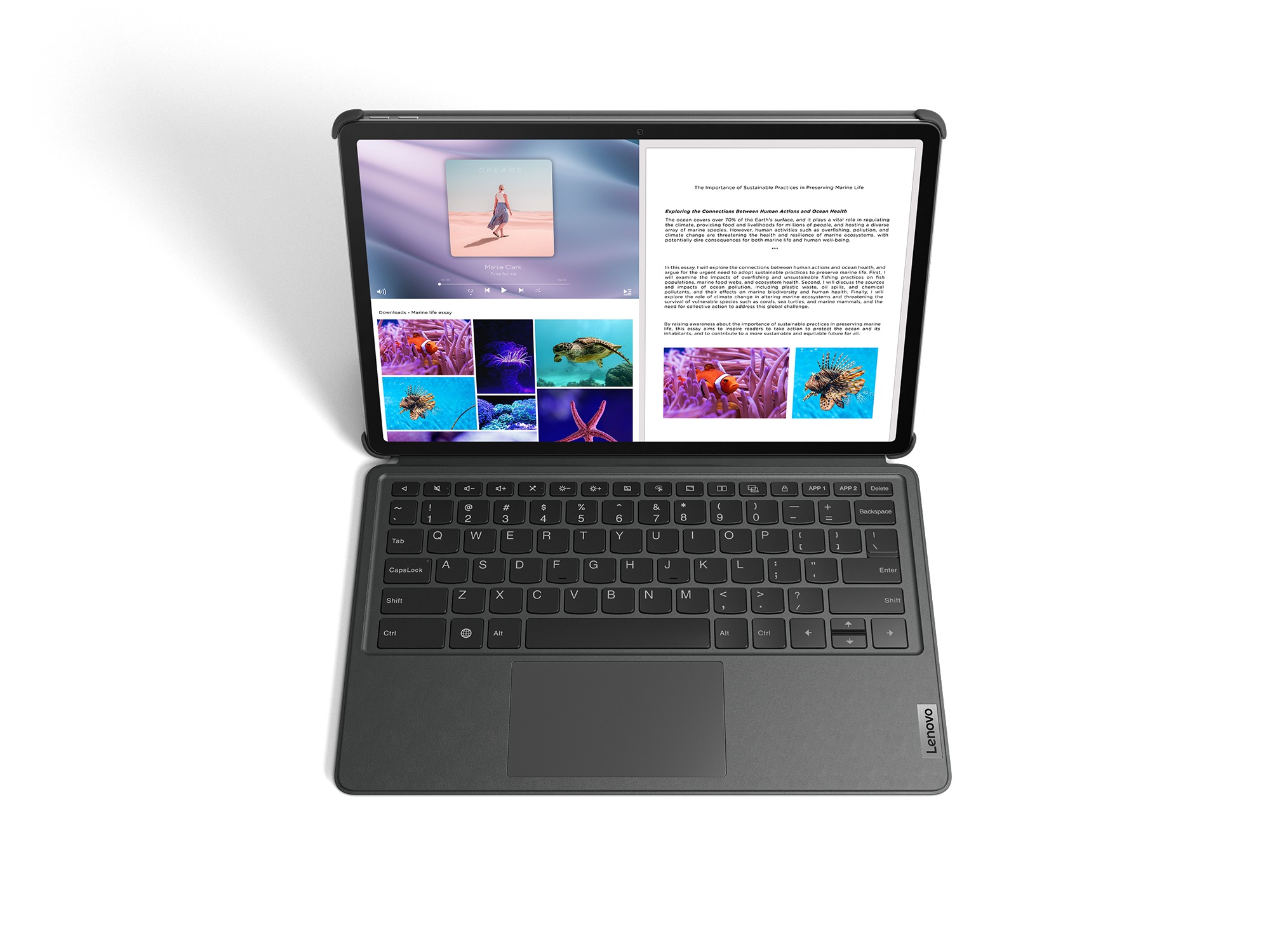 Tablet mit Tastatur, zeigt eine Webseite mit Text und Bildern an.