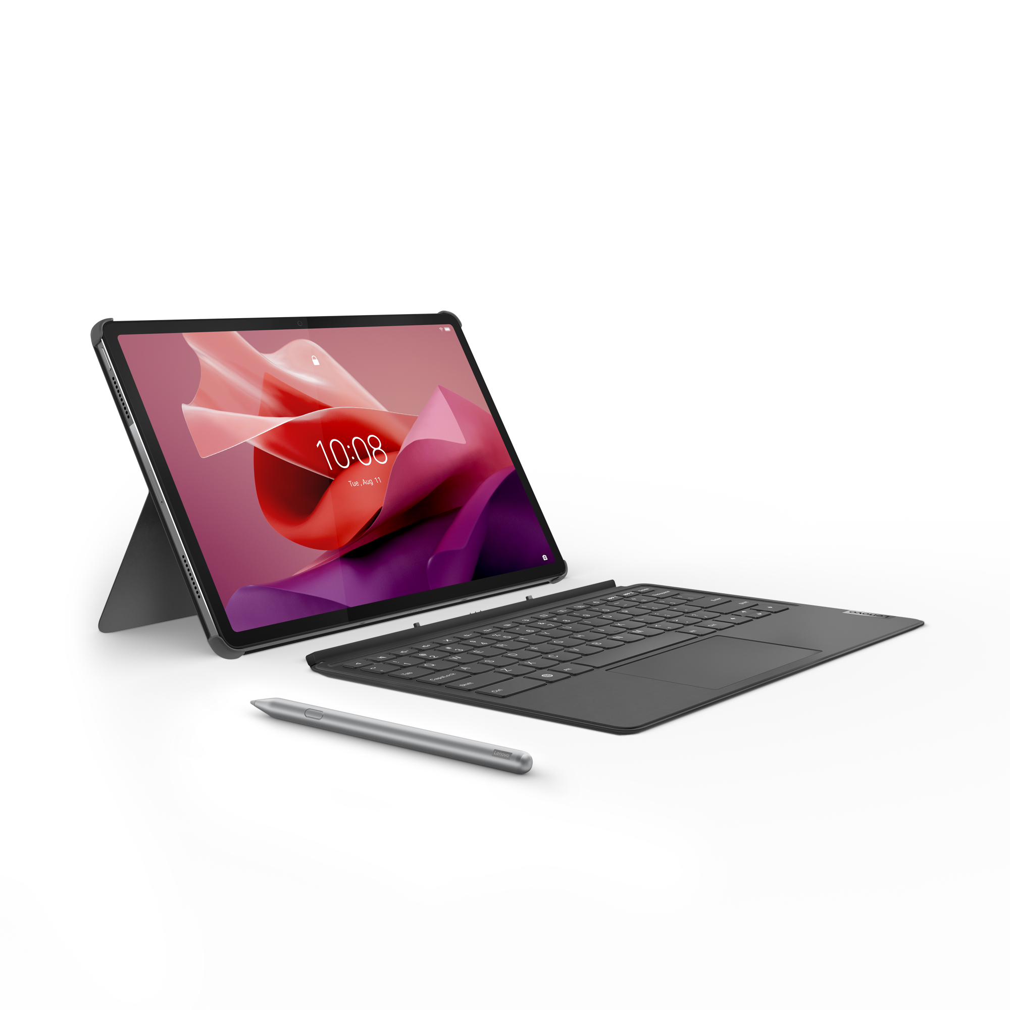 Tablet mit Tastatur und Stift. Der Bildschirm zeigt die Uhrzeit und ein Design. Weißer Hintergrund.