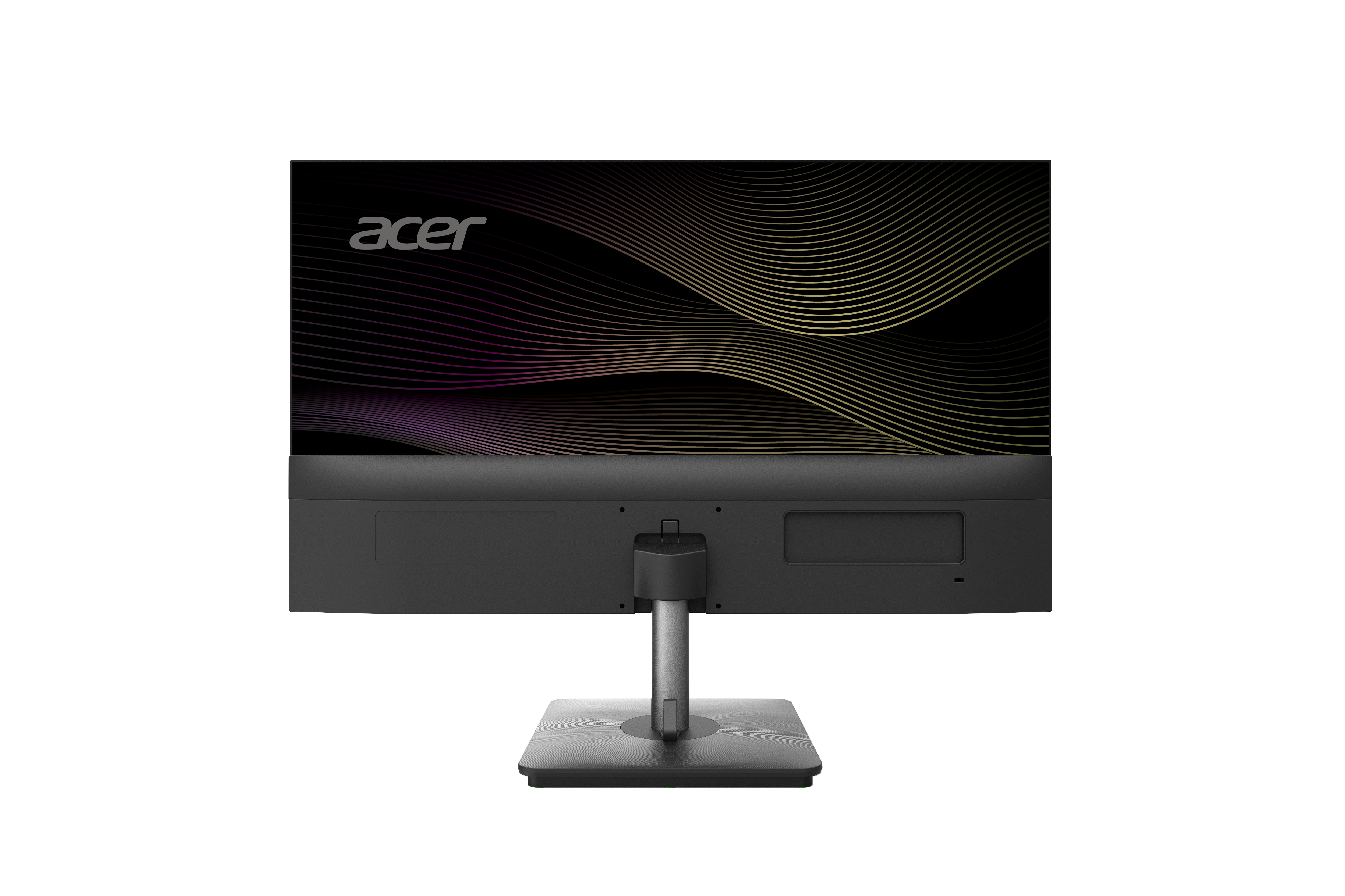 Rückansicht eines schwarzen Computermonitors mit dem Acer-Logo. Der Monitor hat einen quadratischen Sockel und einen silbernen Ständer.