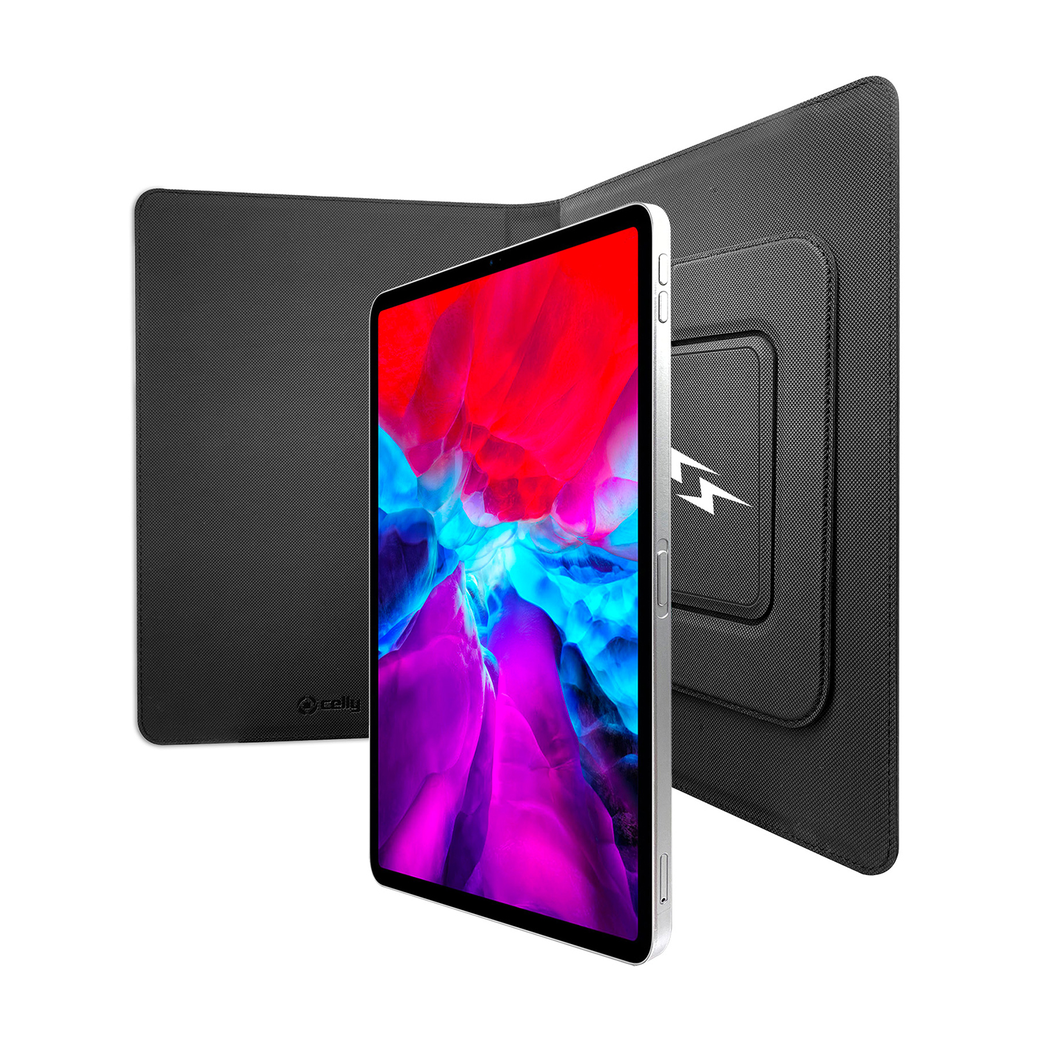 Tablet, schermo rosso/viola, in una custodia nera. Un'altra custodia a sinistra.