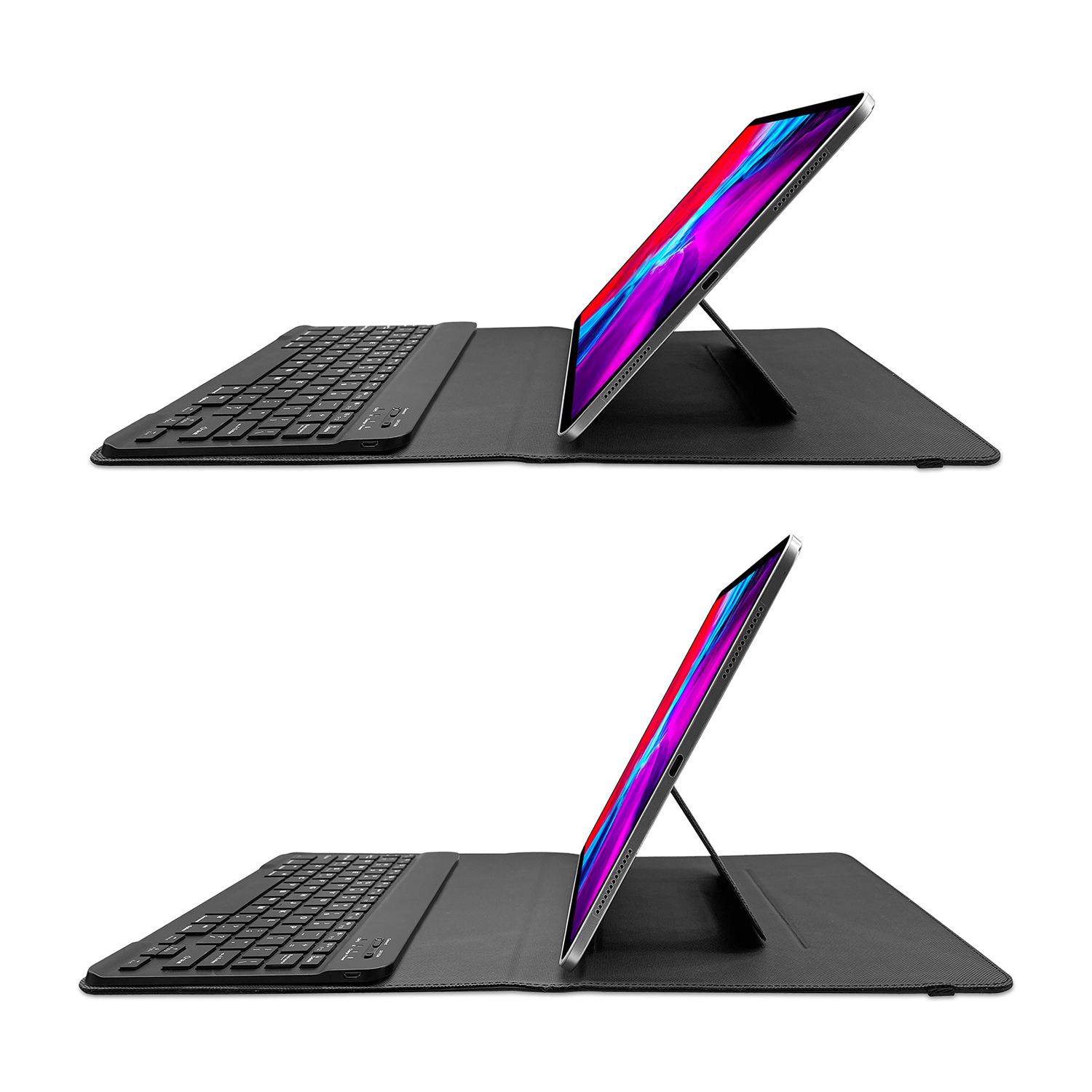Tablet con custodia per tastiera in diverse angolazioni, lo schermo è acceso.