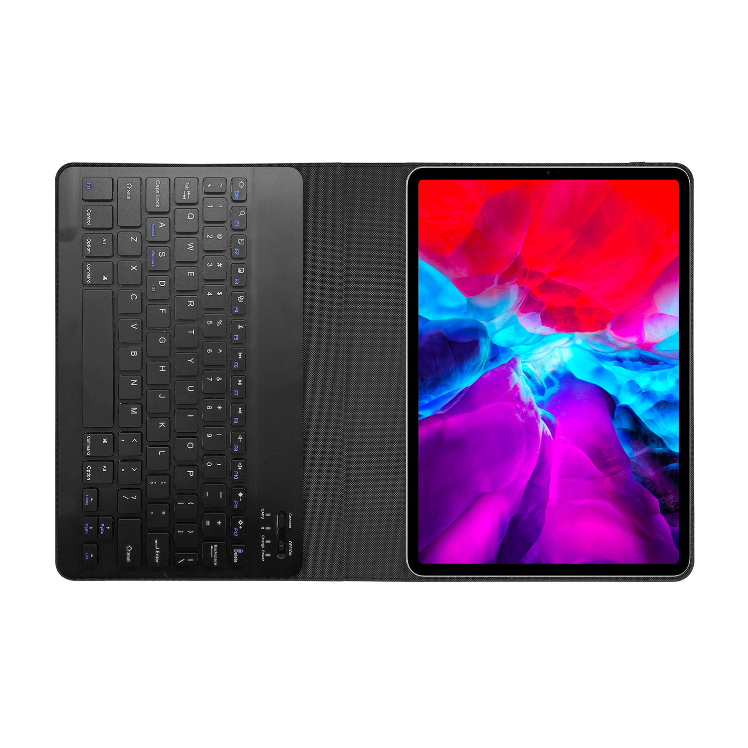 Custodia per tastiera nera aperta con tablet. Tastiera a sinistra, tablet con schermo colorato a destra.