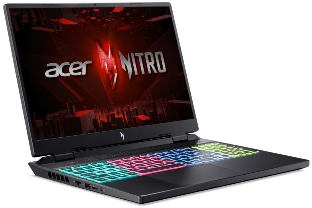 Schwarzer Acer Nitro-Laptop mit rotem Nitro-Logo, Hintergrundbeleuchtung.
