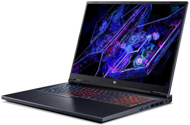 Ein Laptop mit bunter Tastatur zeigt ein futuristisches, abstraktes Bild.