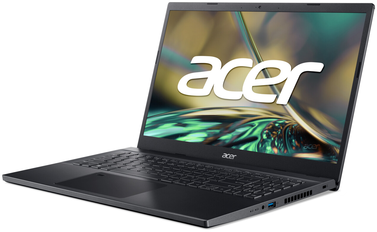 Schwarzer Acer Laptop offen, zeigt das Acer Logo und einen Laptop-Bildschirm mit dynamischem Bild.