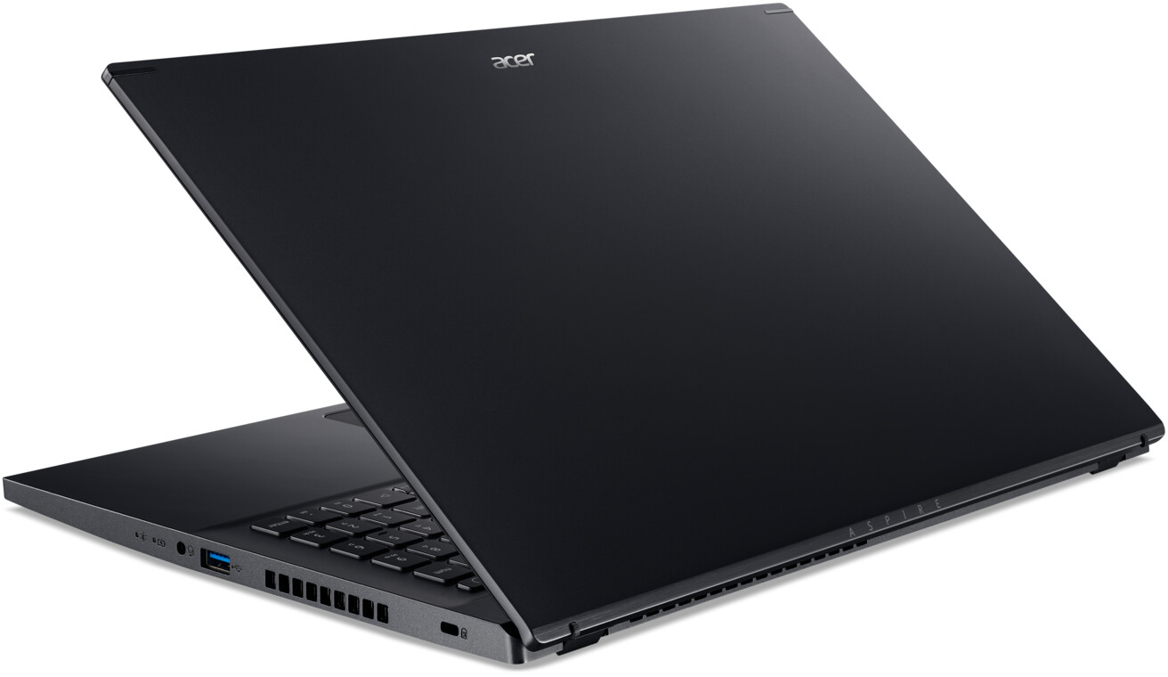 Schwarzer Acer Laptop, geöffnet auf weißer Oberfläche. Deckel sichtbar.