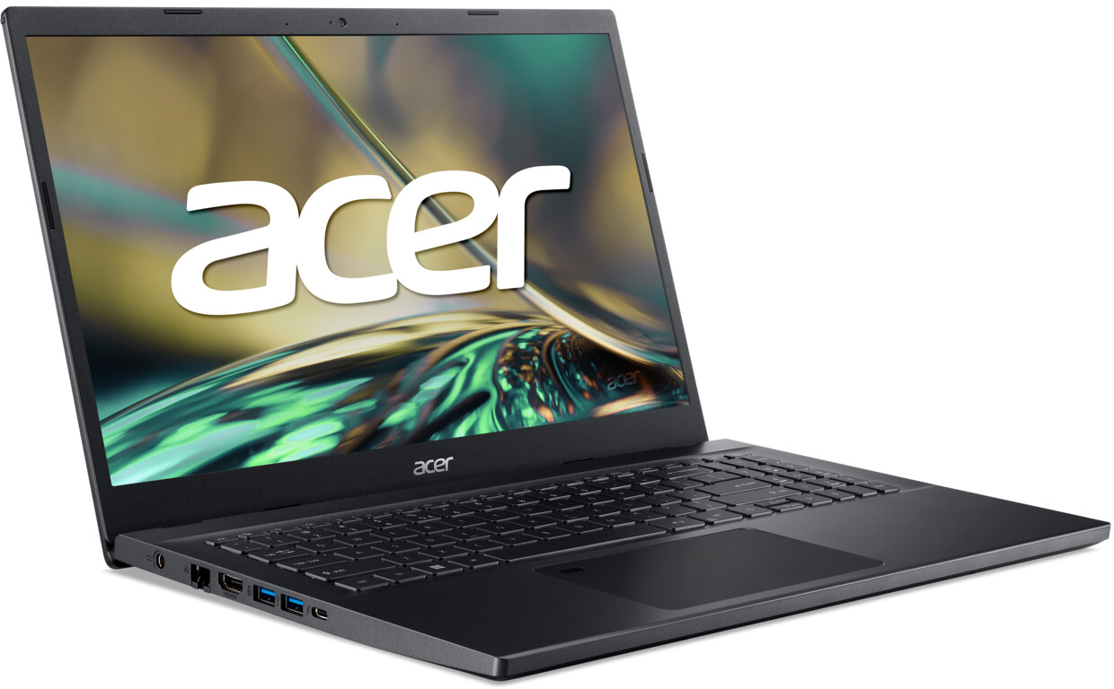 Schwarzer Acer-Laptop, geöffnet, mit Acer-Logo auf dem Bildschirm, Tastatur und Touchpad.