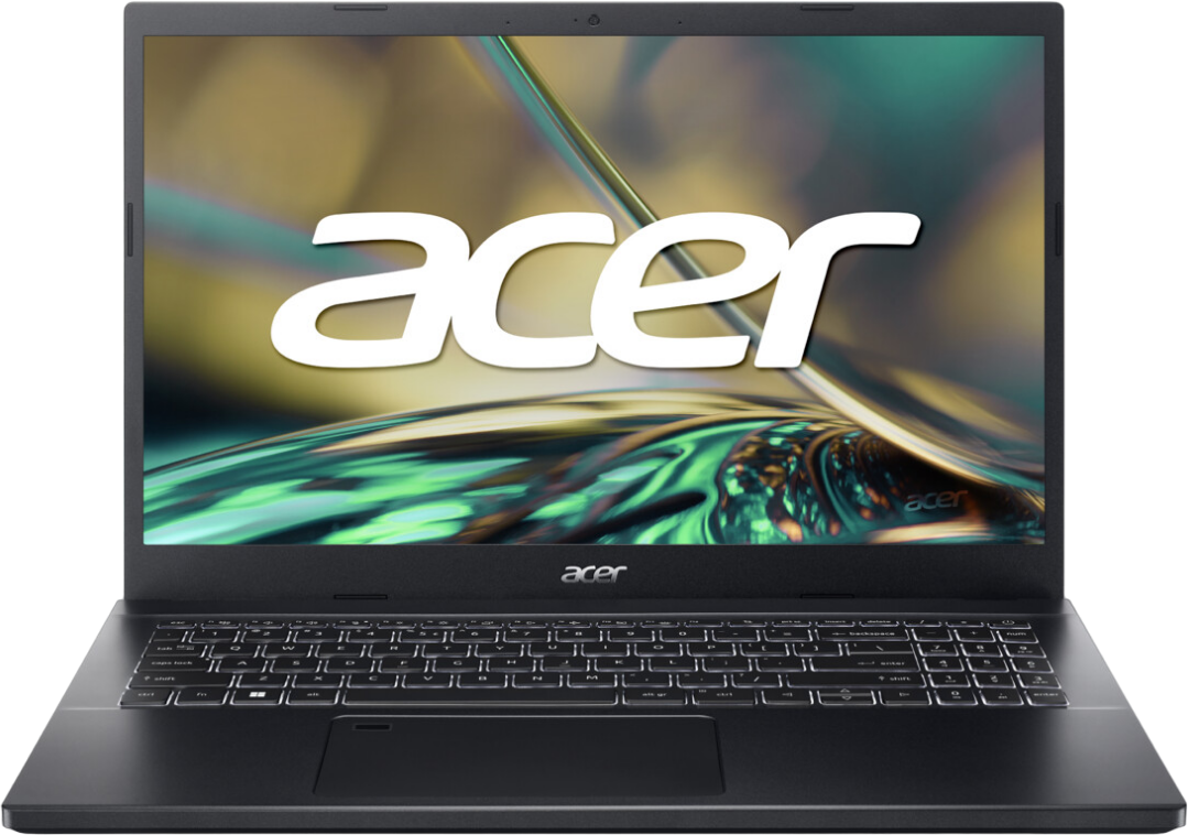 Ein schwarzes Acer-Laptop mit dem Acer-Logo auf dem Bildschirm. Schwarze Tasten auf der Tastatur. Schwarz.