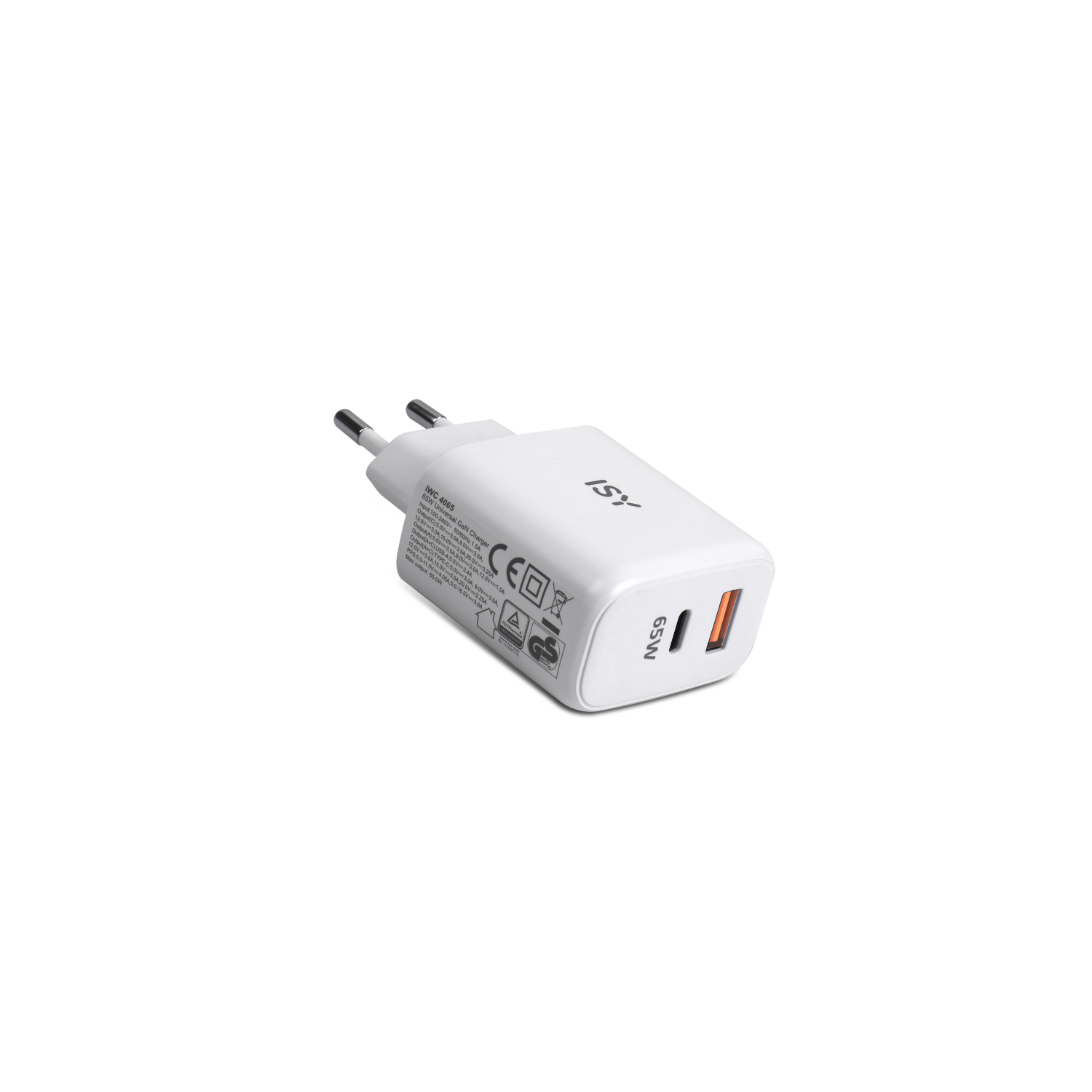 White charger with two ports.  The ISY logo is visible.