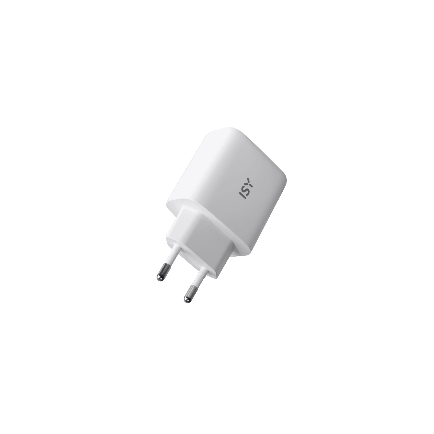 White phone charger with two prongs and a grey logo. Black background.