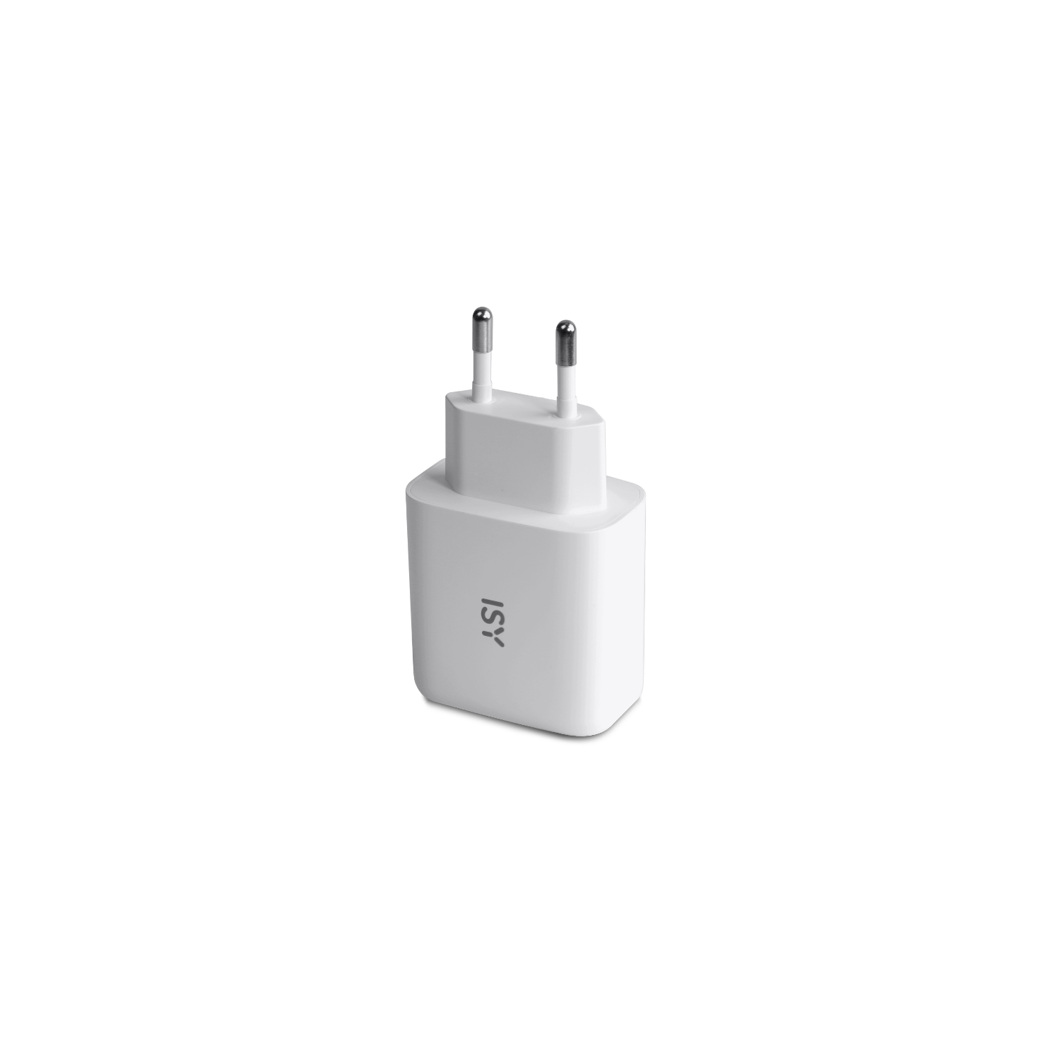 White ISY charger with two prongs, on a black background.