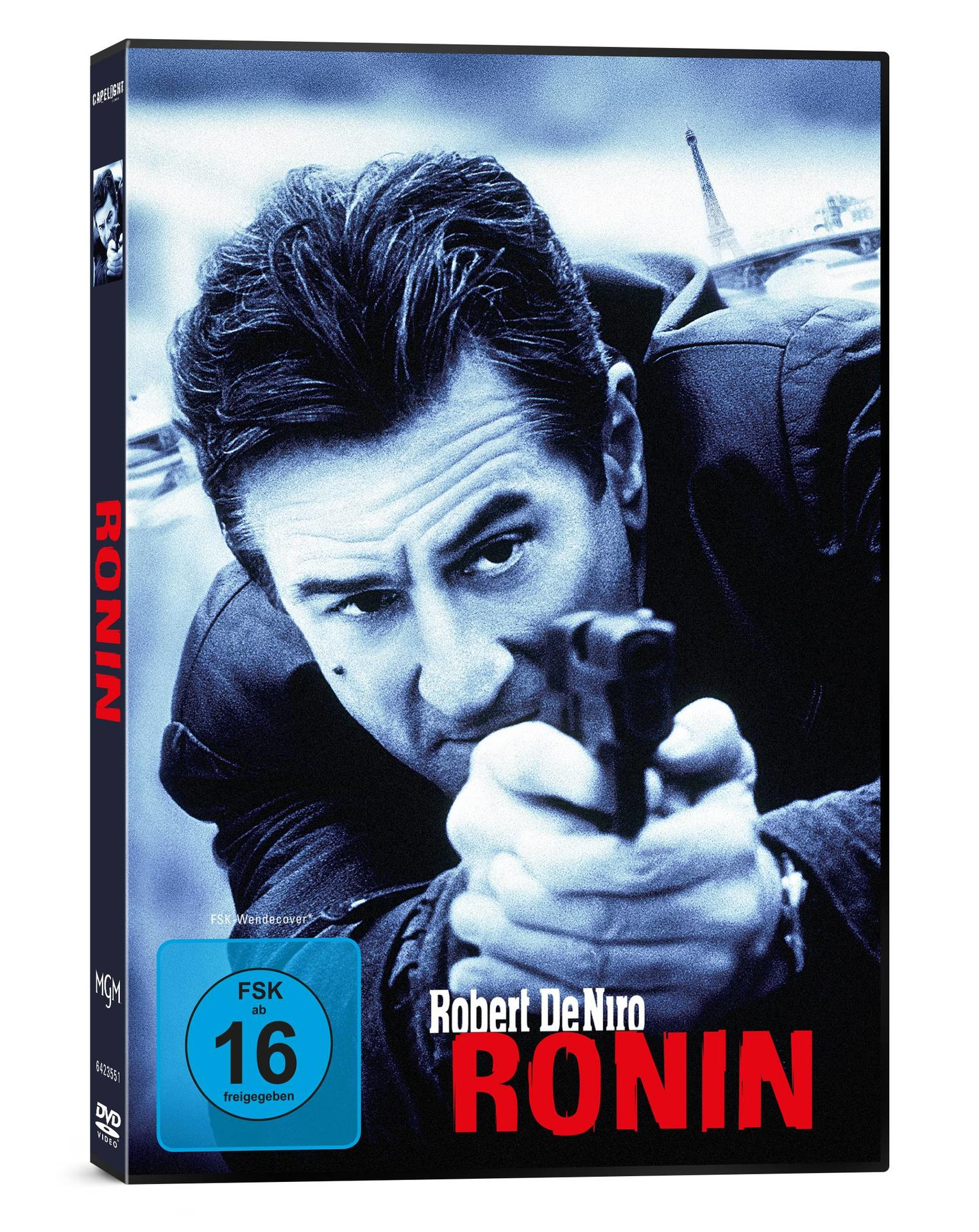 DVD-Cover für den Film 'Ronin' mit Robert De Niro mit einer Waffe.