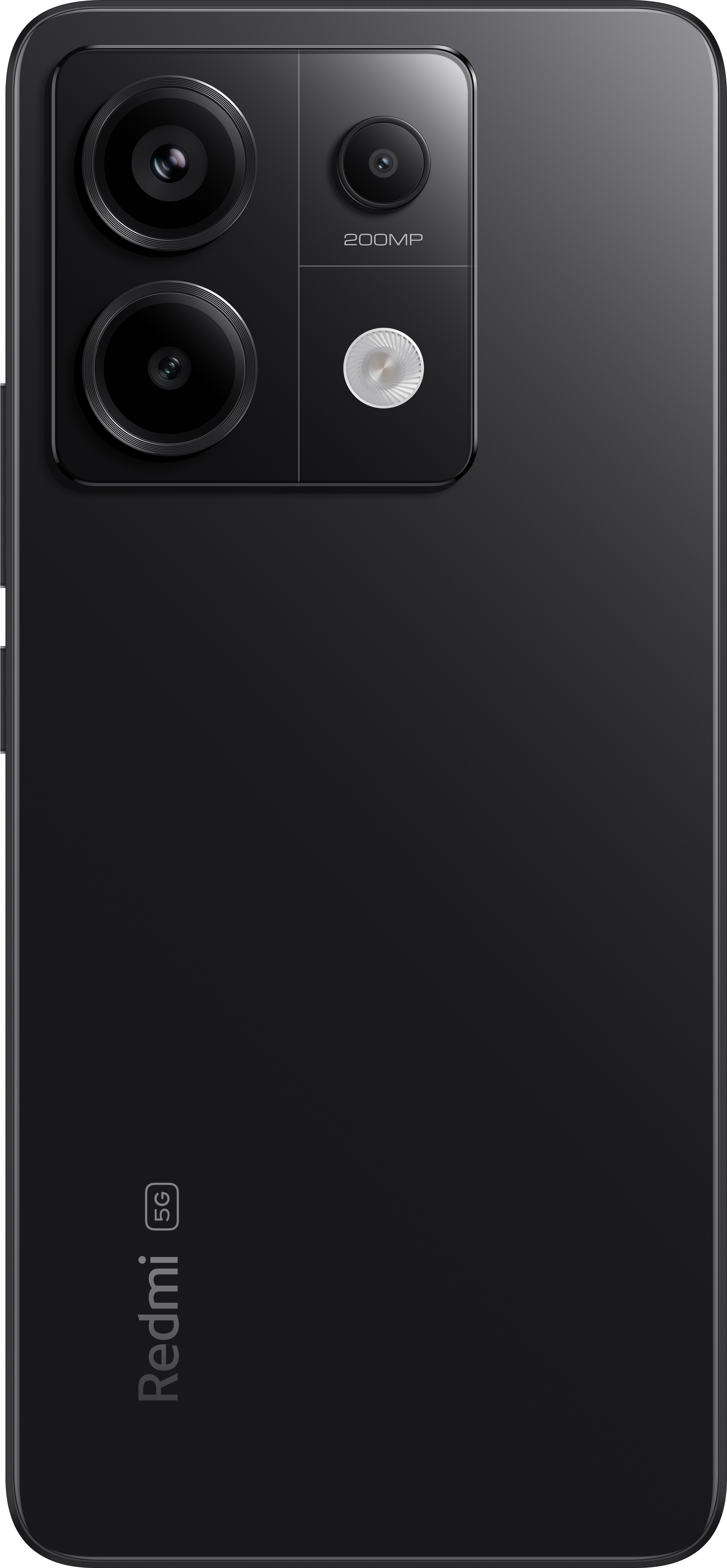 Ein schwarzes Smartphone mit Kameraausbuchtung und 5G-Logo auf der Rückseite.