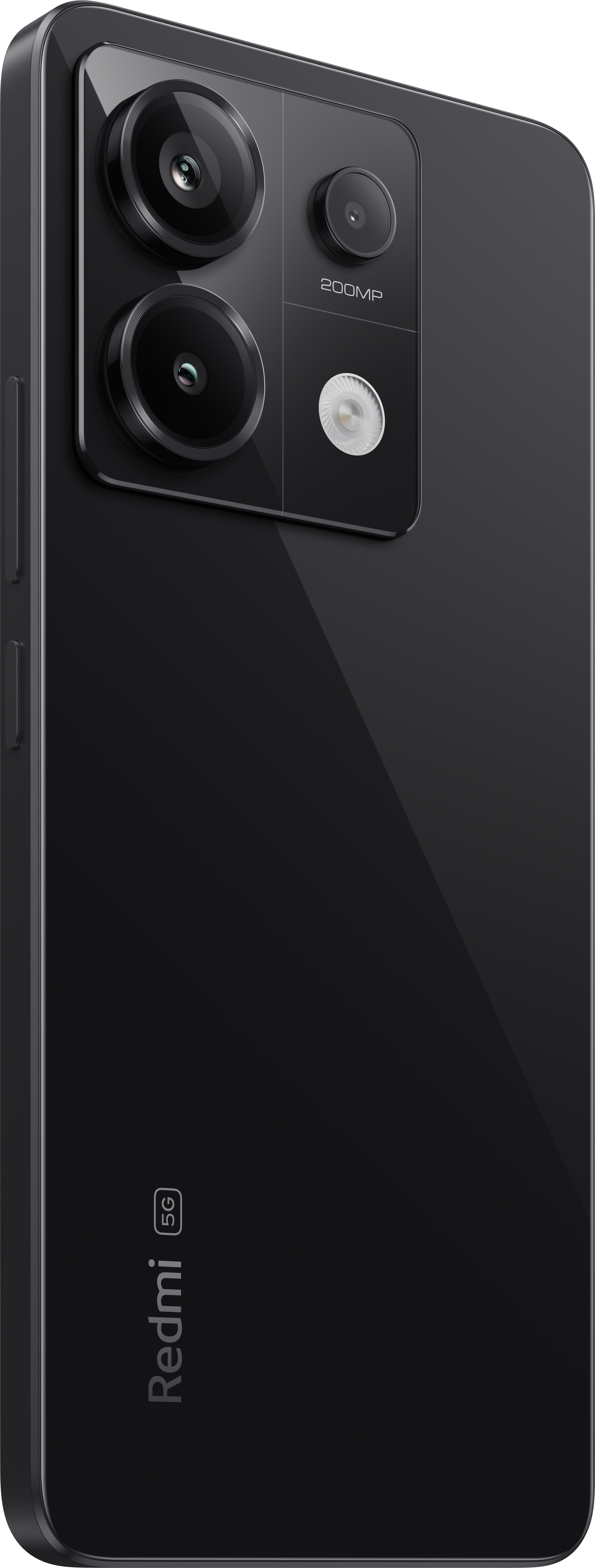 Schwarzes Smartphone, Dreifachkamera, 5G-Logo, Redmi-Branding.