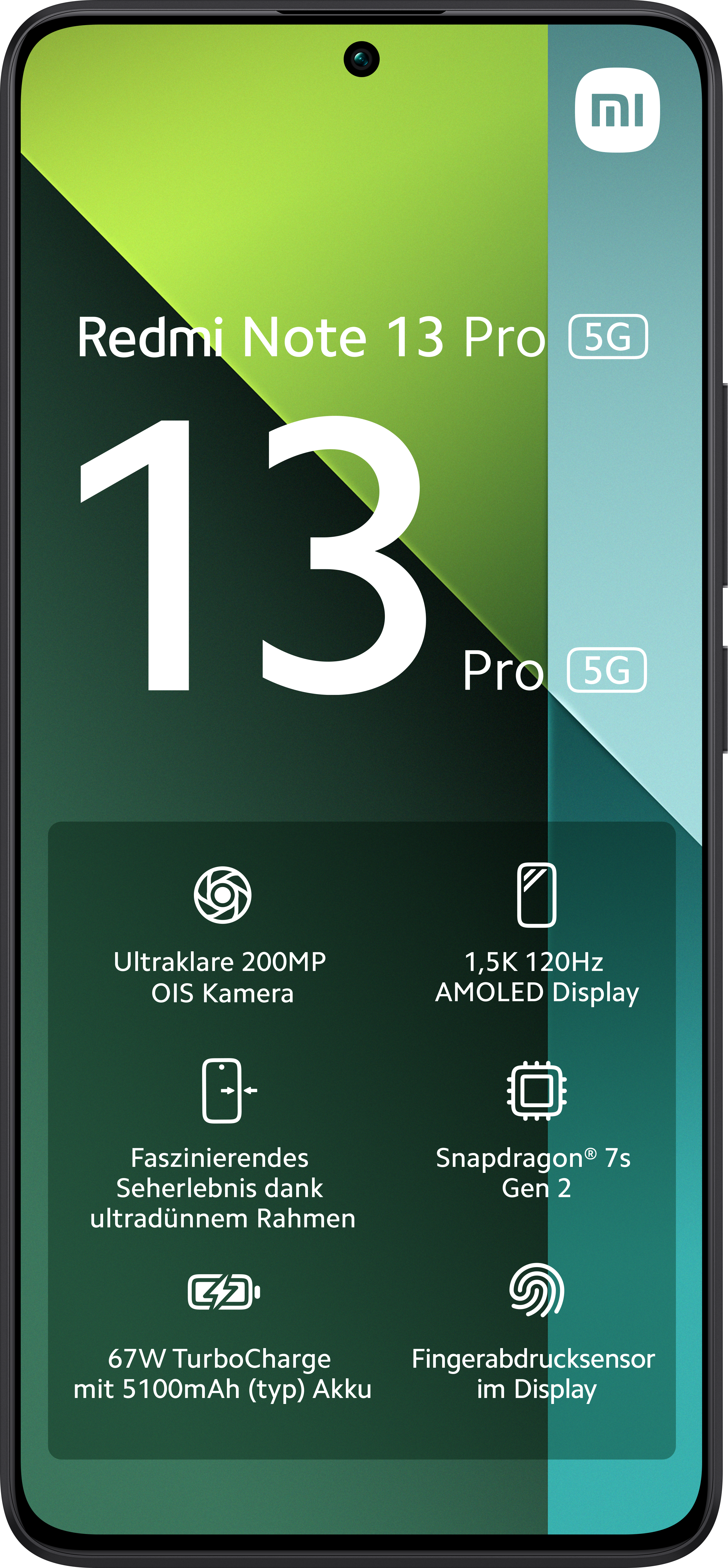 Ein Smartphone mit schwarzem Rahmen und farbenfrohem Bildschirm, der Funktionen anzeigt.
