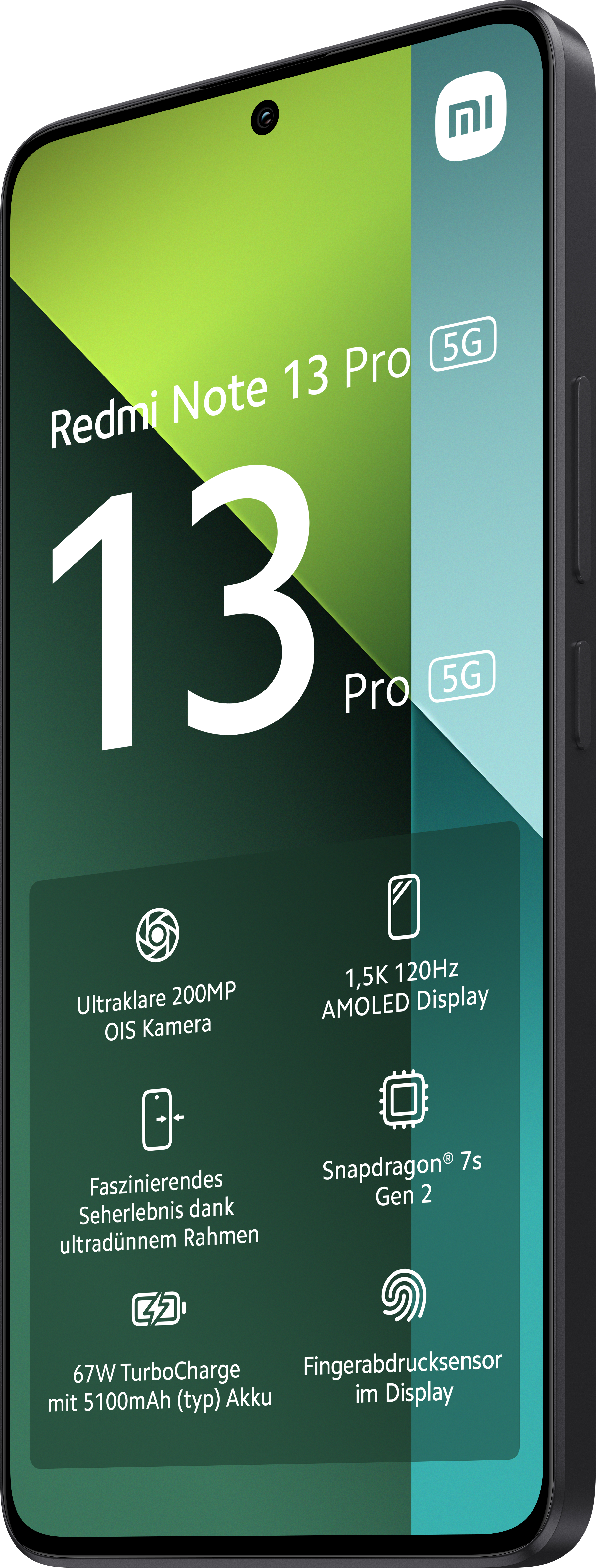 Ein Smartphone mit grün-blauem Display. Der Bildschirm zeigt Gerätefunktionen.