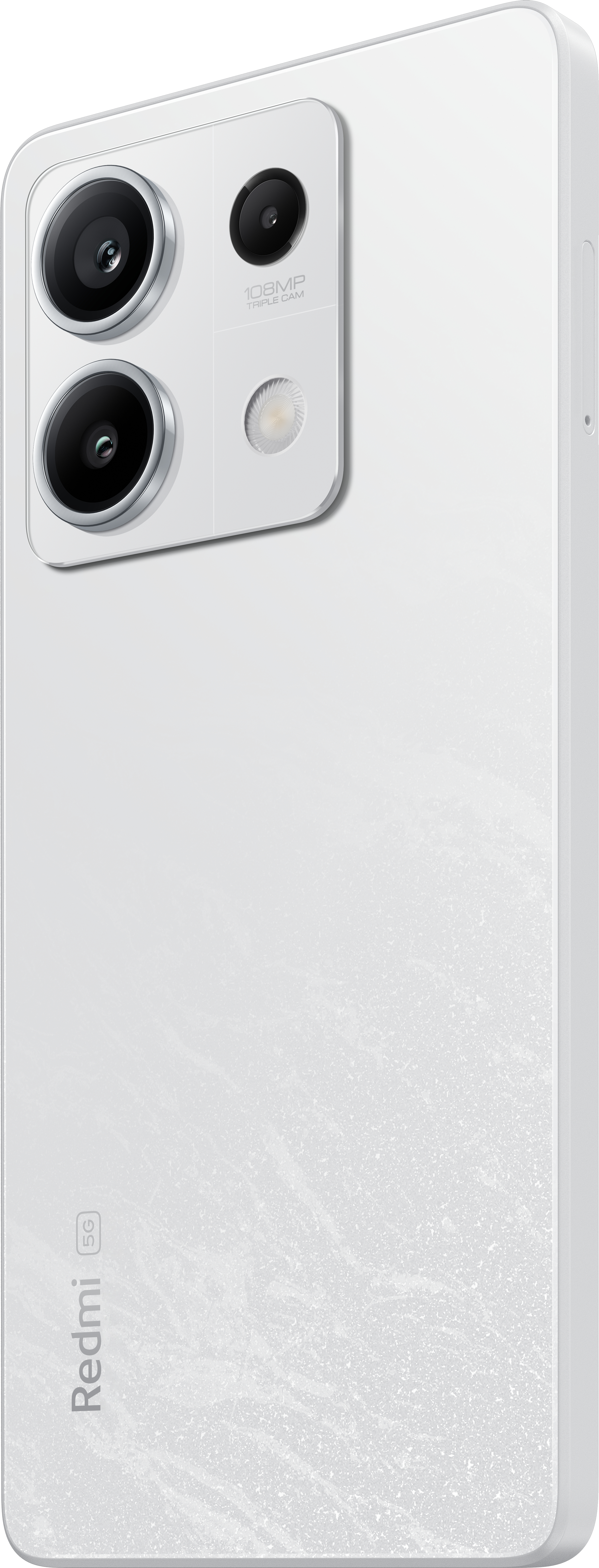 Ein weißes Smartphone mit drei Rückkameras und dem Redmi 5G-Logo wird gezeigt.