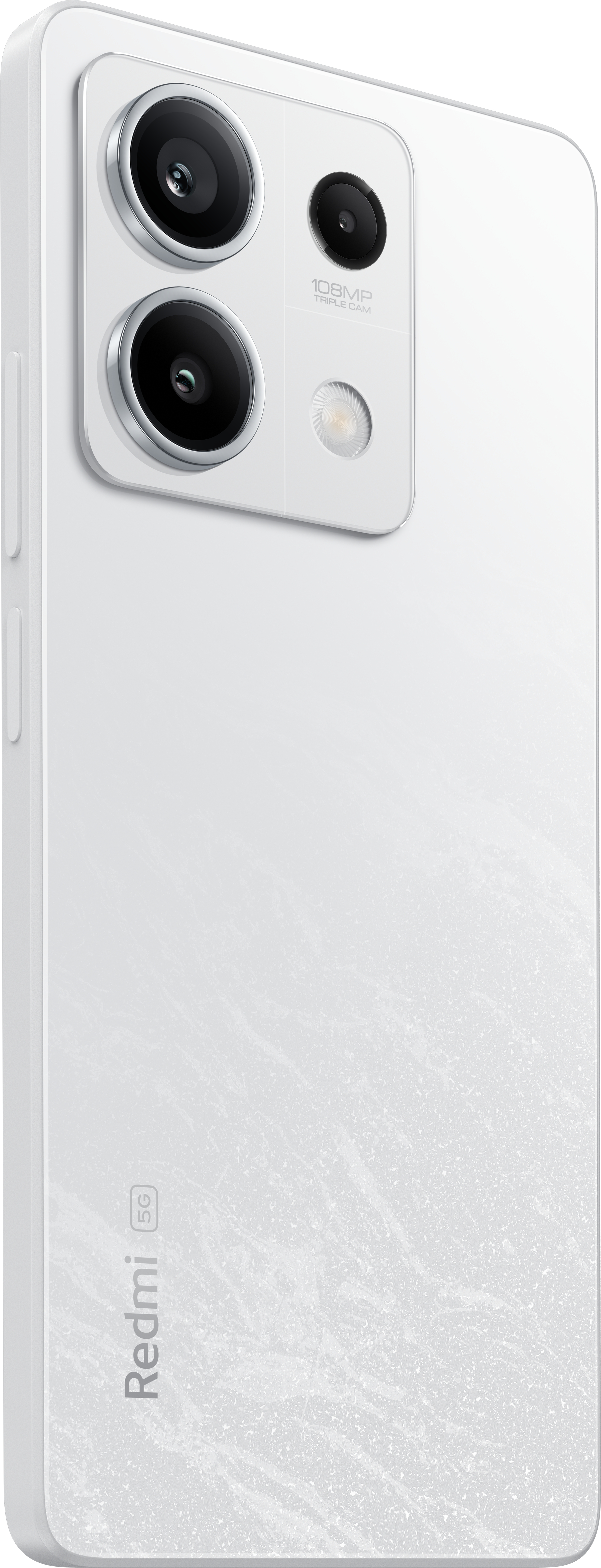 Weißes Smartphone mit drei Rückkameras. Silberne Kameraringe. Redmi 5G Logo auf der Rückseite.
