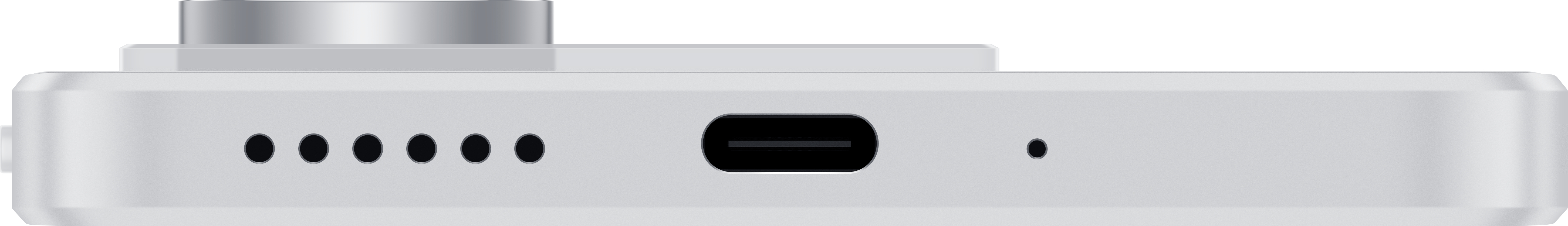 Nahaufnahme der Unterseite eines weißen Geräts mit mehreren kleinen Löchern und einem USB-C-Anschluss.