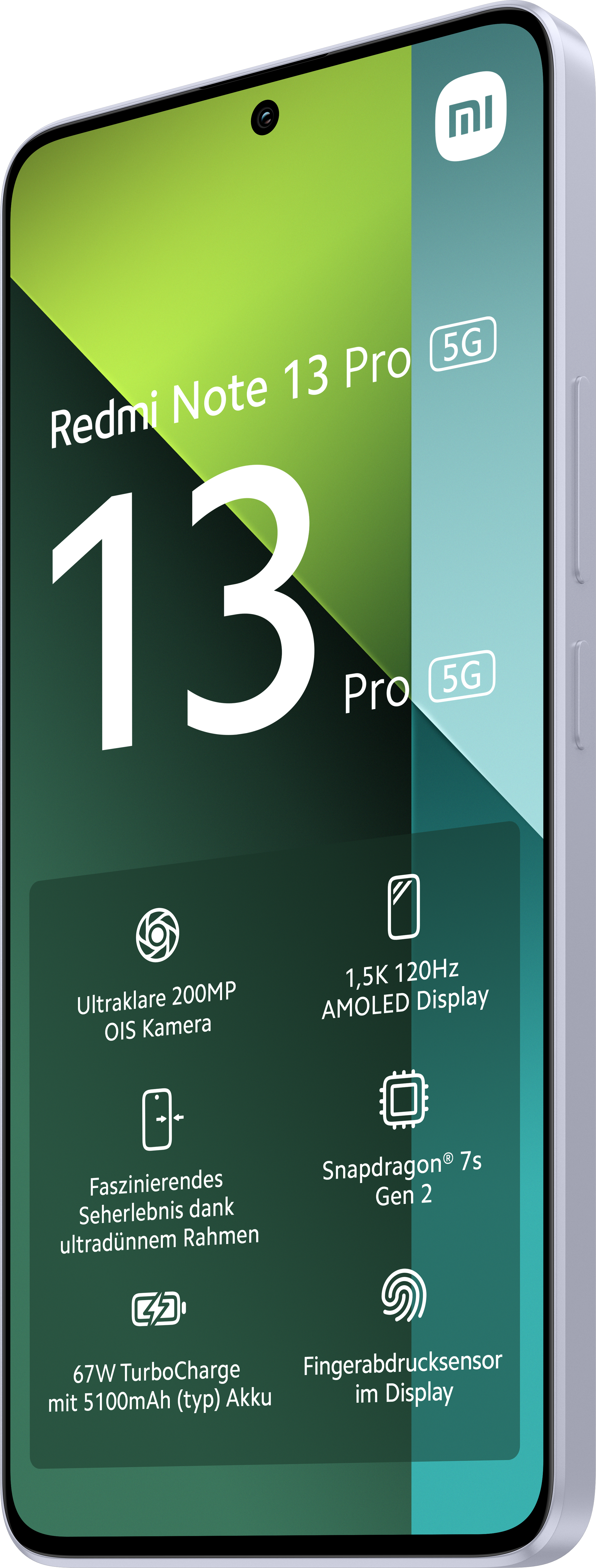 Ein weißes und grünes Smartphone, das einen Bildschirm mit Text und Symbolen zeigt, mit dem Xiaomi-Logo.