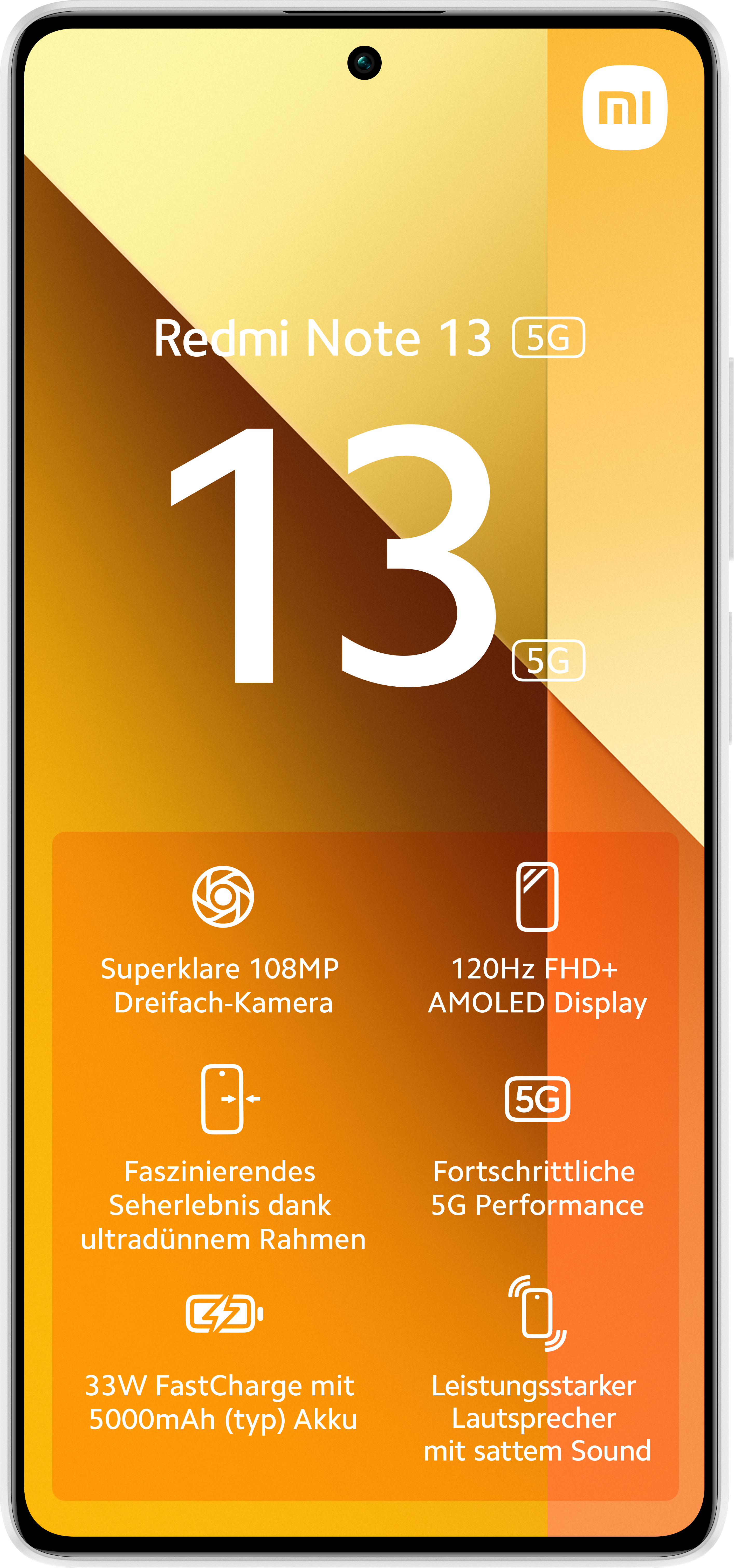 Redmi Note 13 (5G) Smartphone. Merkmale: 108MP Kamera, 120Hz AMOLED und 5G Leistung.