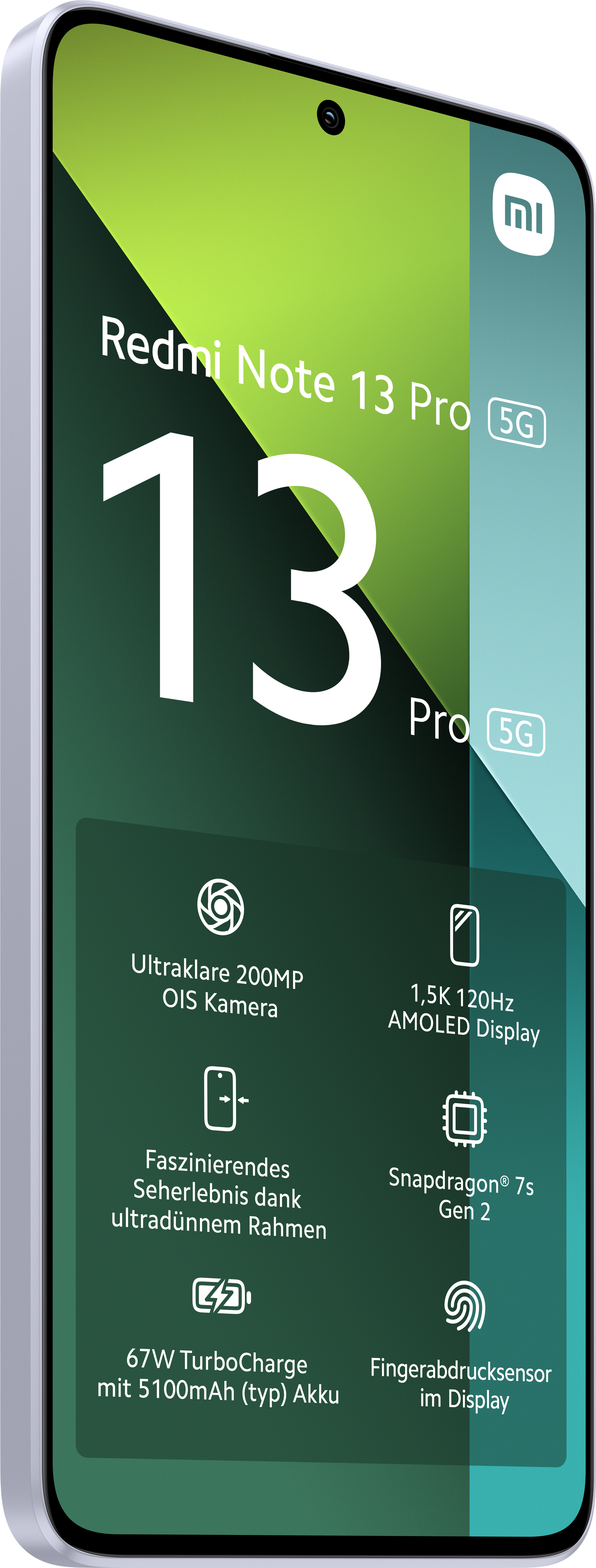 Ein Smartphone mit großem Display, das die Modellnummer und wichtige Funktionen zeigt.