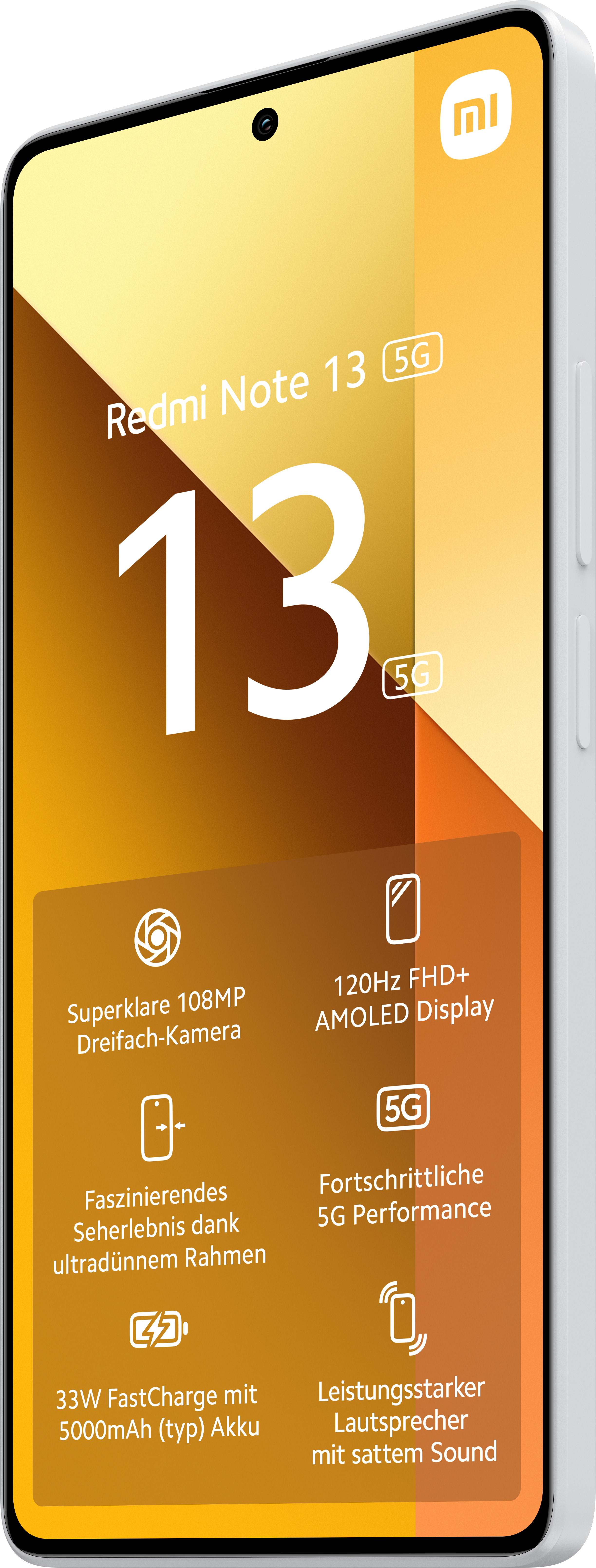 Weißes Telefon mit Text, einschließlich 13 5G, und Symbolen für Kamera- und Displayfunktionen.