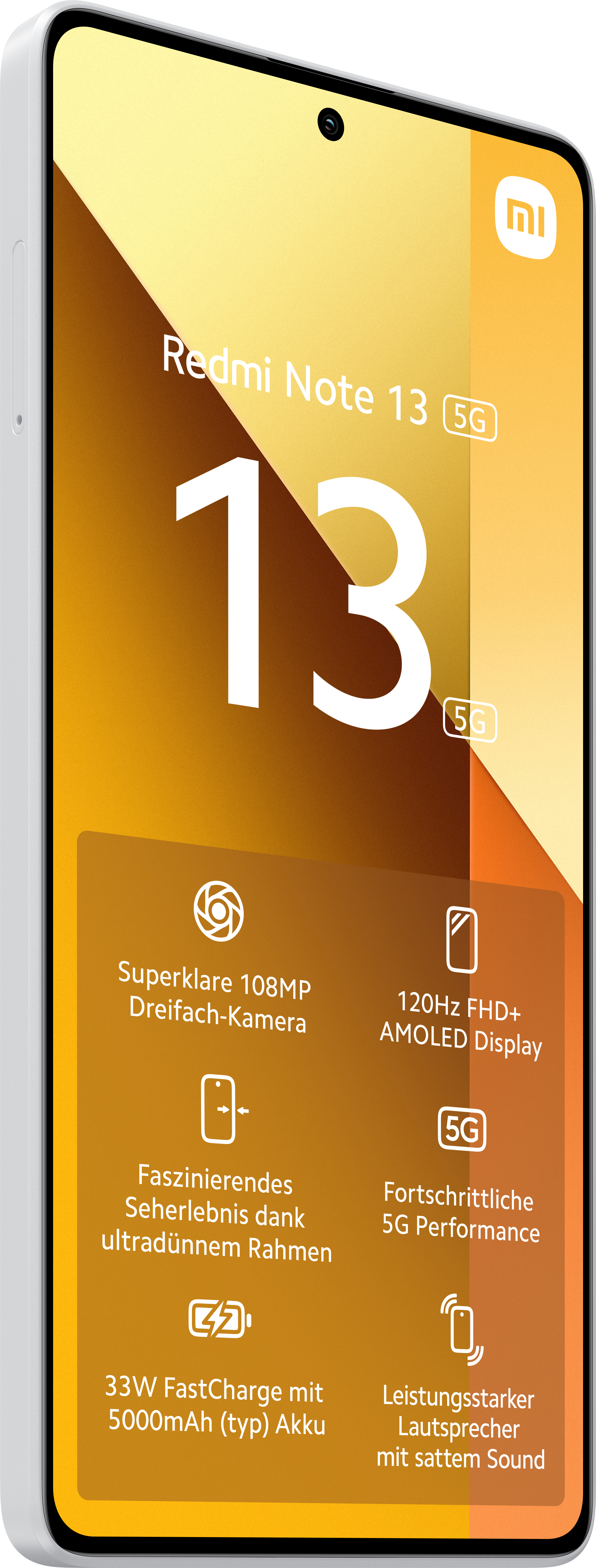 Weißes Smartphone mit Spezifikationsanzeige. Oranger Hintergrund. Text: Redmi Note 13 5G.