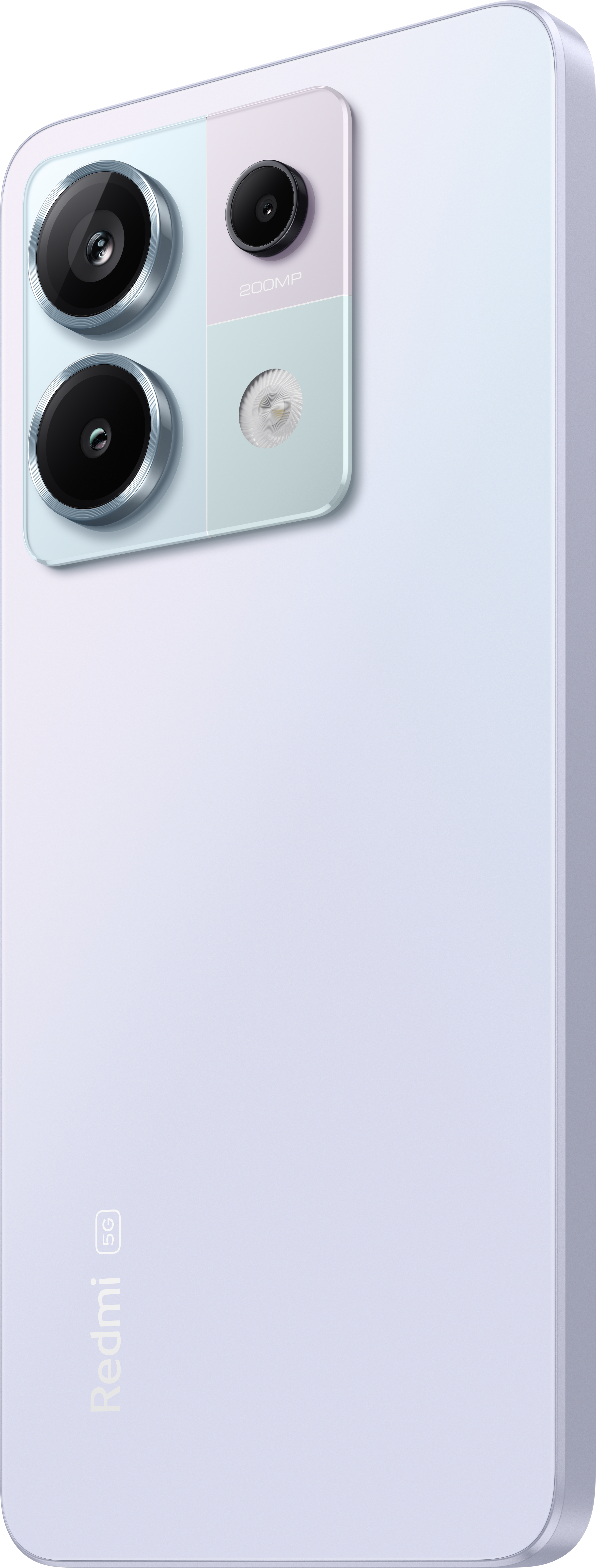 Ein lila Smartphone mit drei Kameras auf der Rückseite und dem Redmi-Logo.
